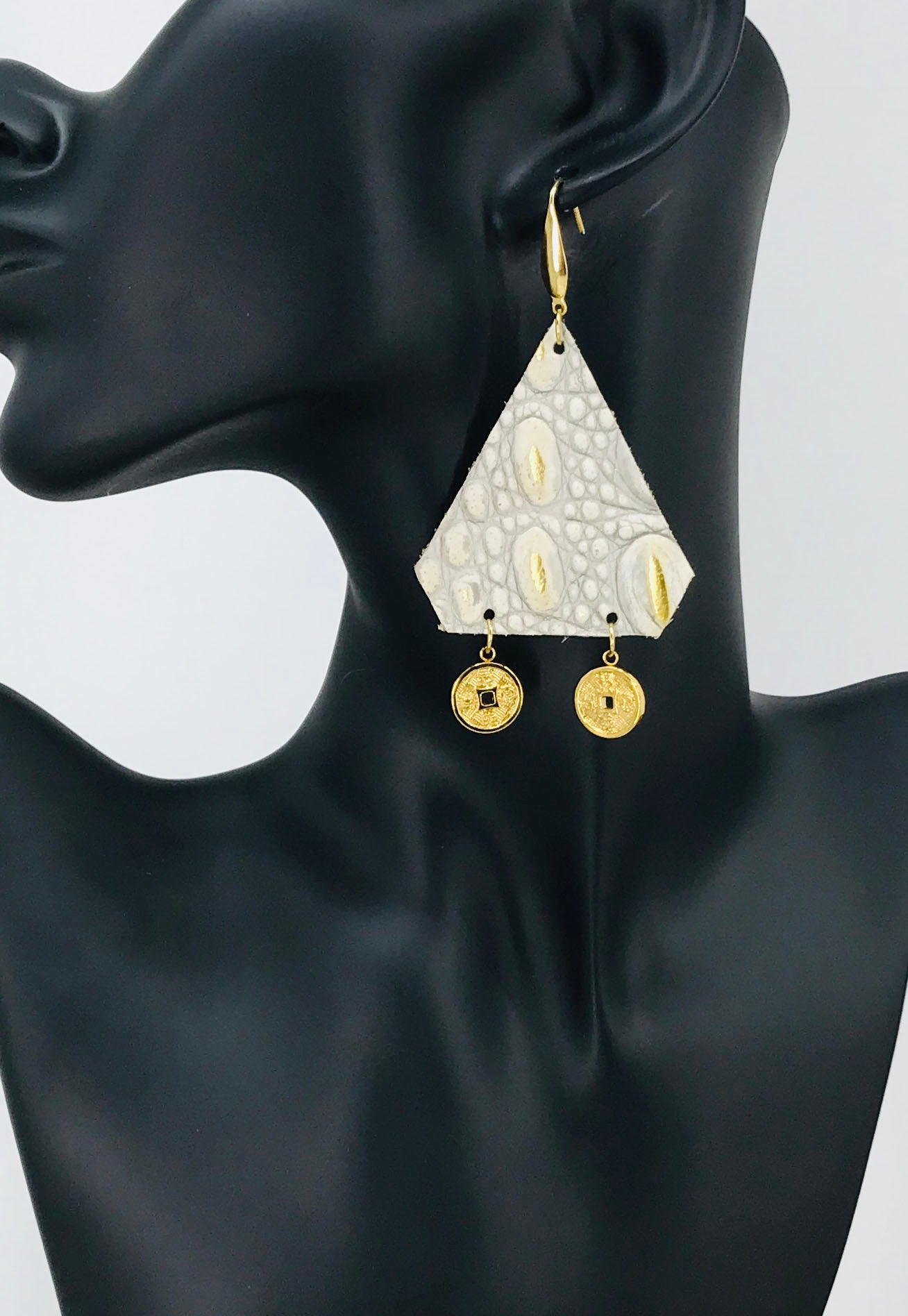 Metallic Gold and White Genuine Leather Earrings - E19-1748