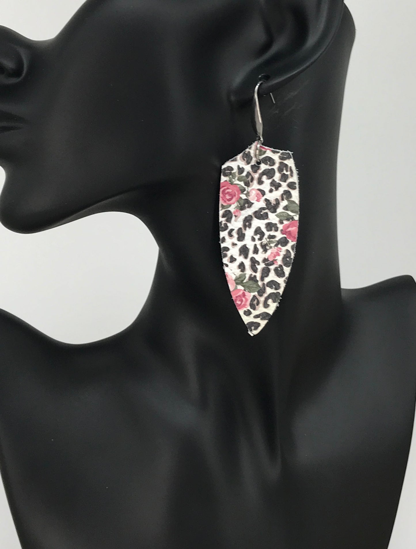 Roses over Black Spotted Leopard Leather Earrings - E19-1754