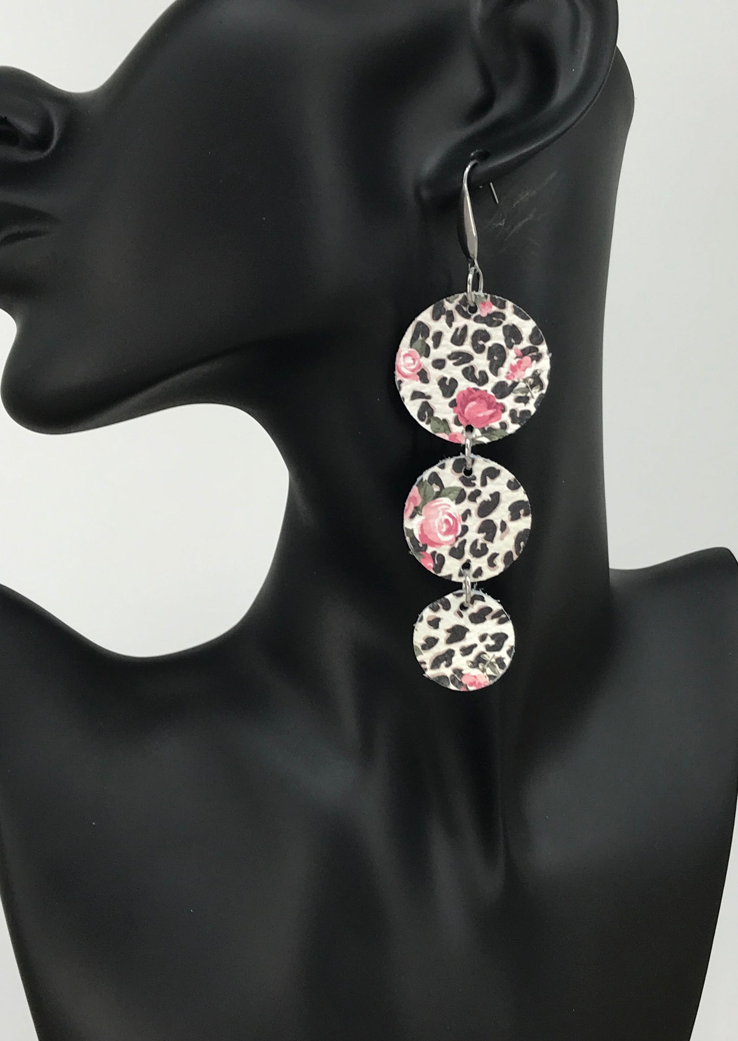 Roses over Black Spotted Leopard Leather Earrings - E19-1765