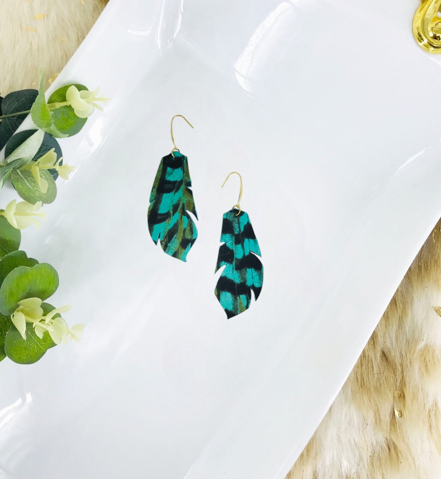 Pheasant Feathers on Aqua Leather Earrings - E19-1774