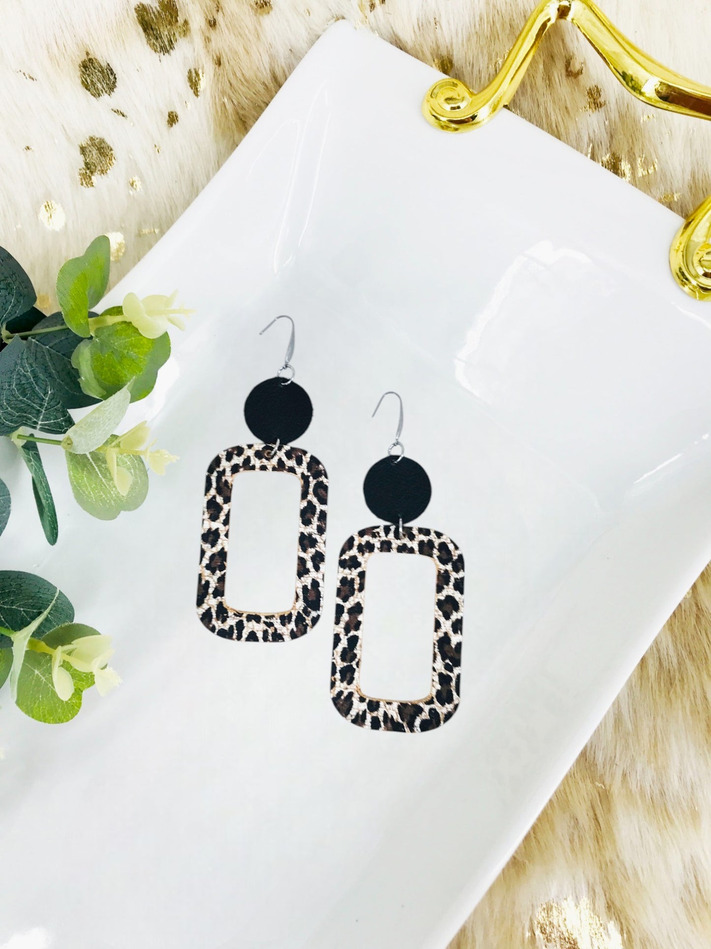Black Leather and Cheetah Cork Leather Earrings - E19-1782