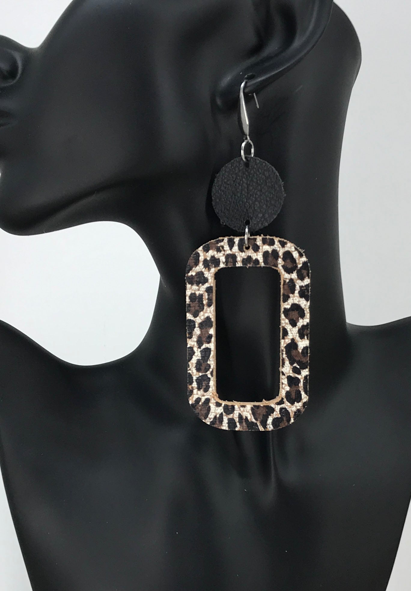 Black Leather and Cheetah Cork Leather Earrings - E19-1782