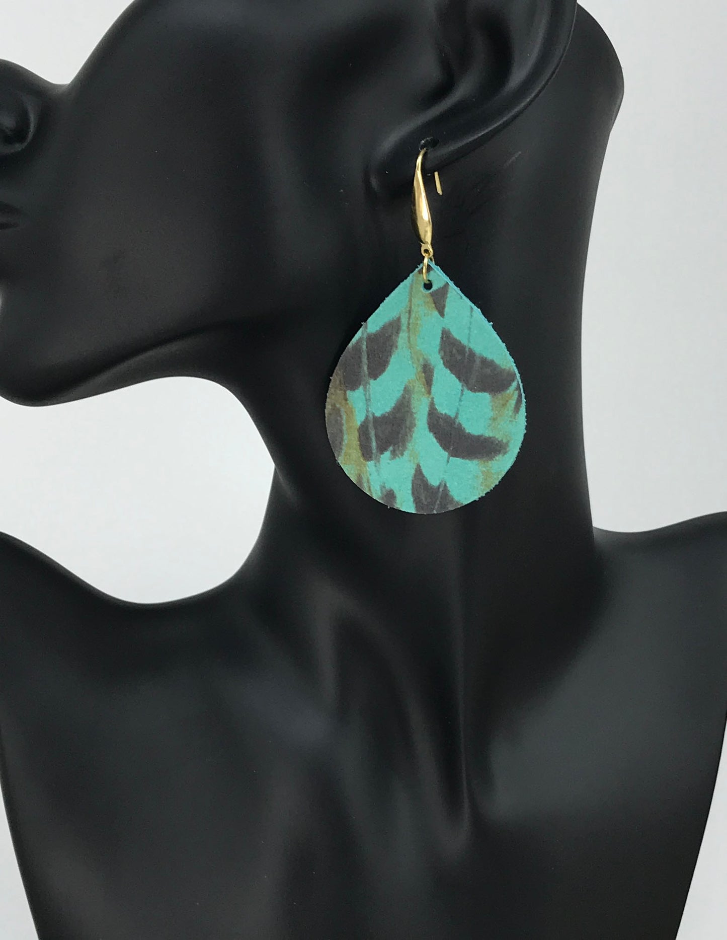 Pheasant Feathers on Aqua Leather Earrings - E19-1785