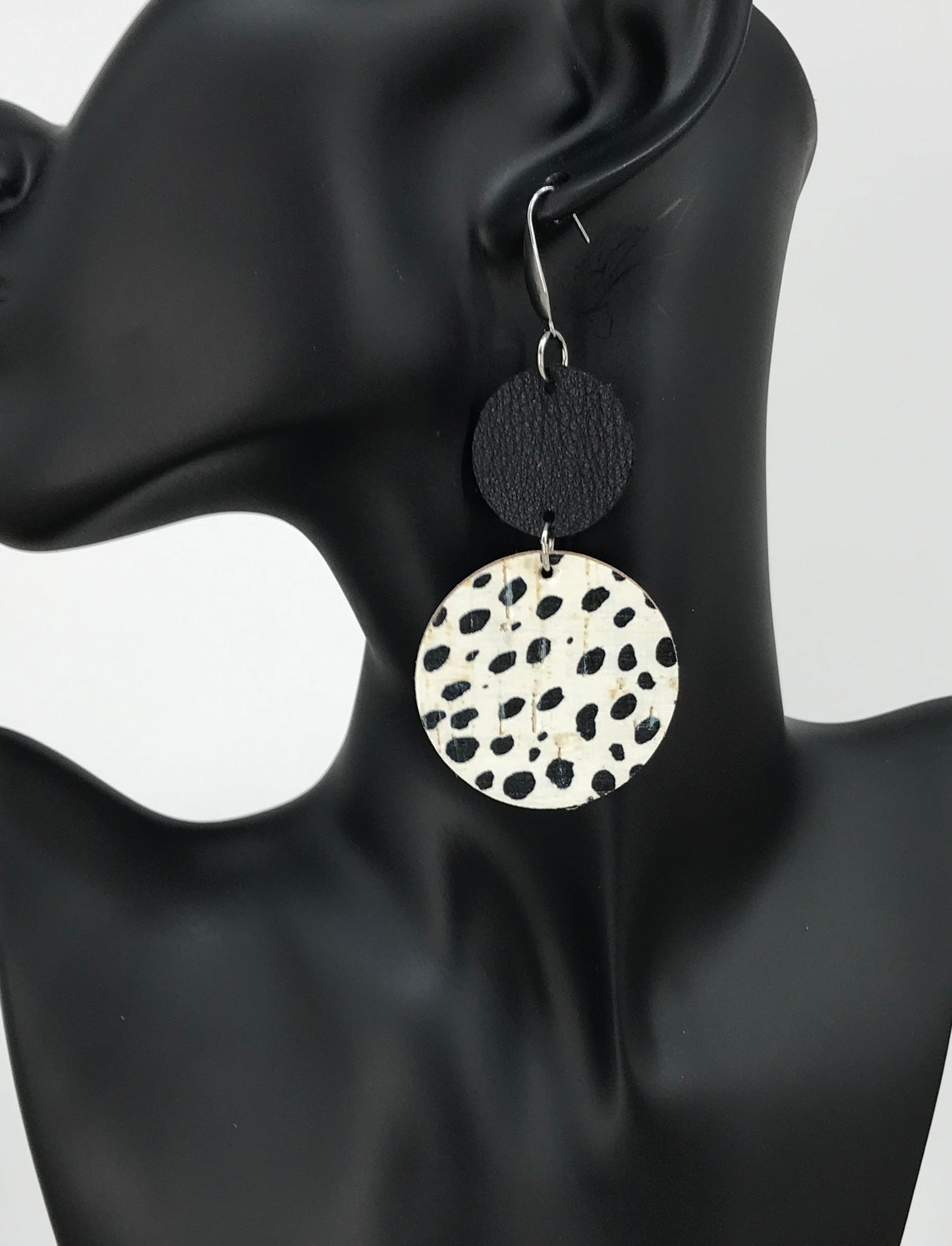 Black Leather and Mini Black Cheetah Cork Leather Earrings - E19-1793