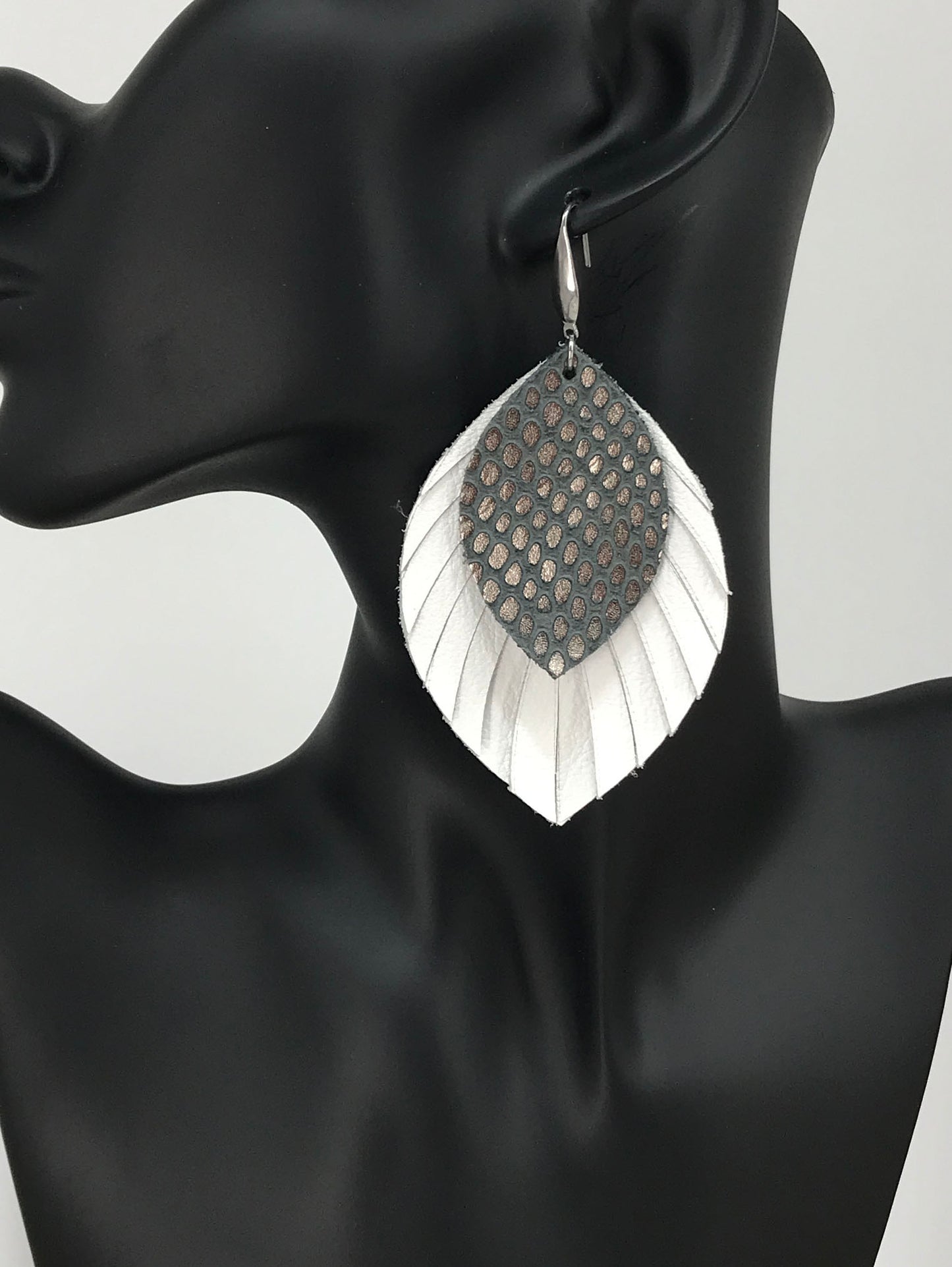 White Leather and Snake Skin Leather Earrings - E19-1796
