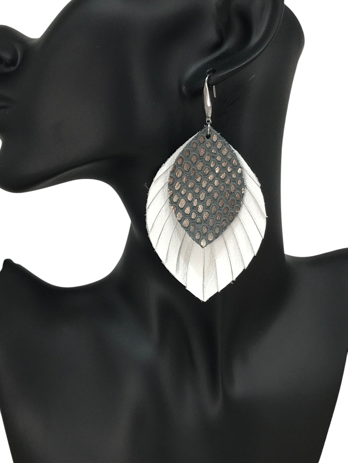 White and Charcoal Snake Leather Earrings