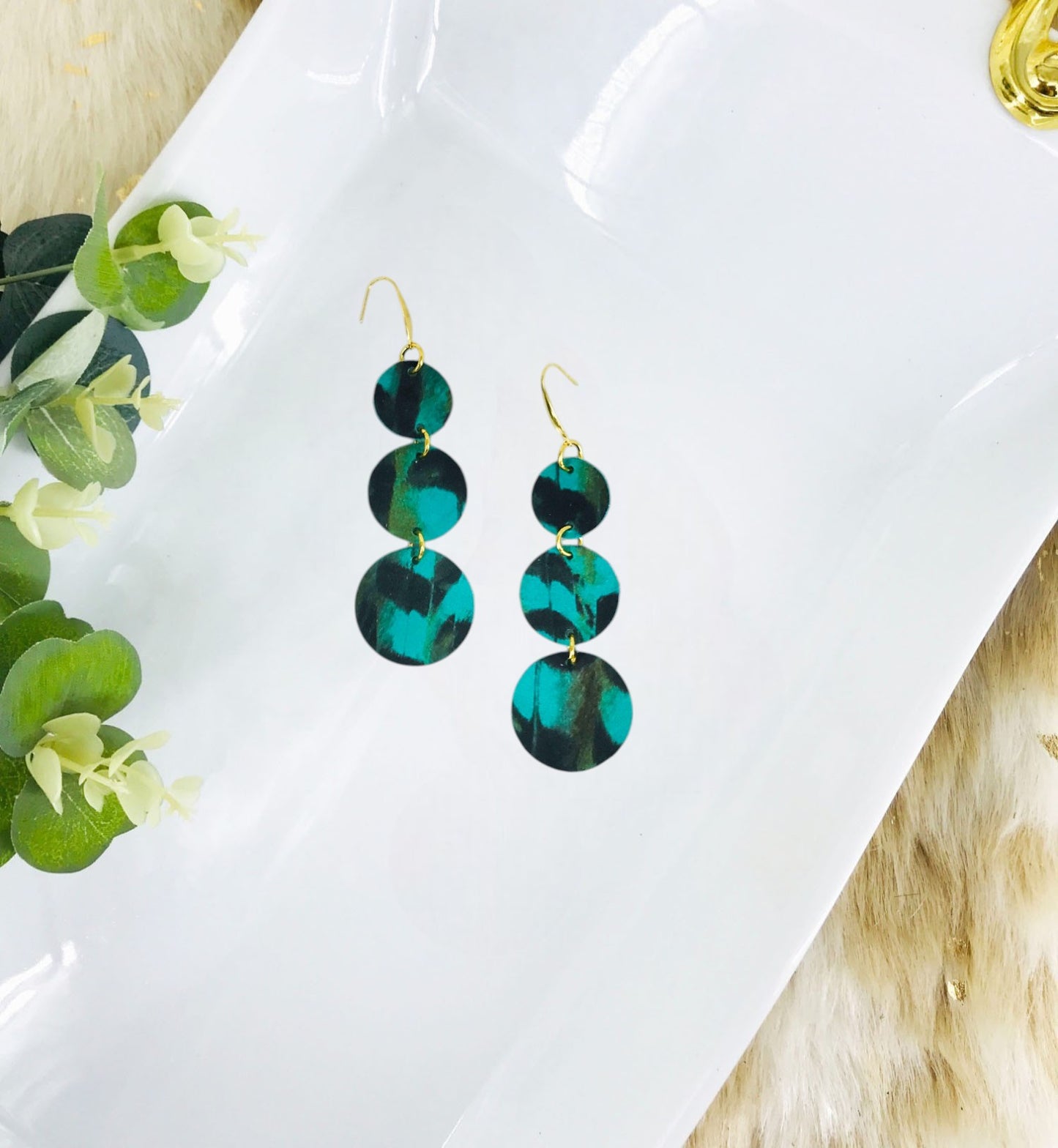 Pheasant Feathers on Aqua Leather Earrings - E19-1815