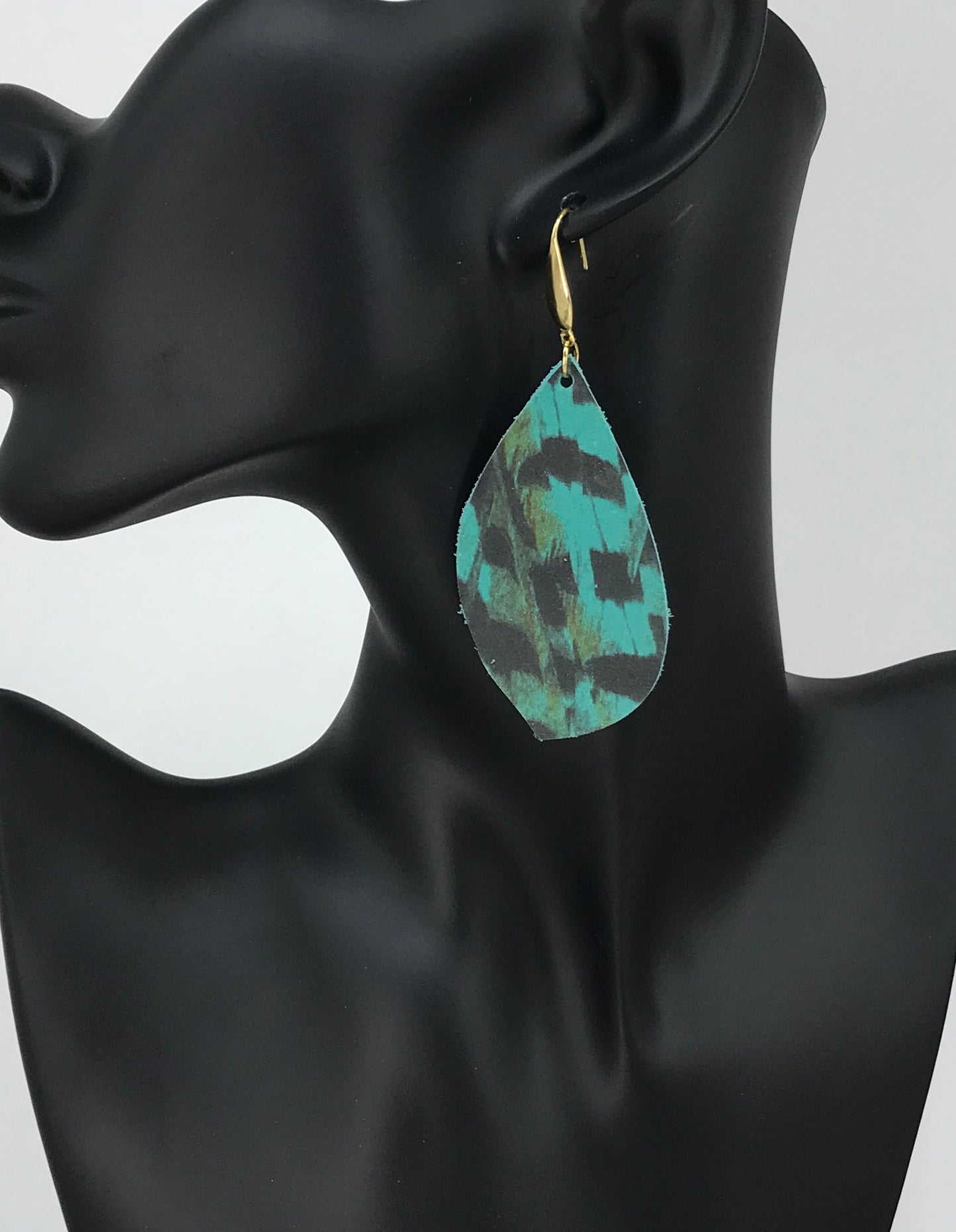 Pheasant Feathers on Aqua Leather Earrings - E19-1820