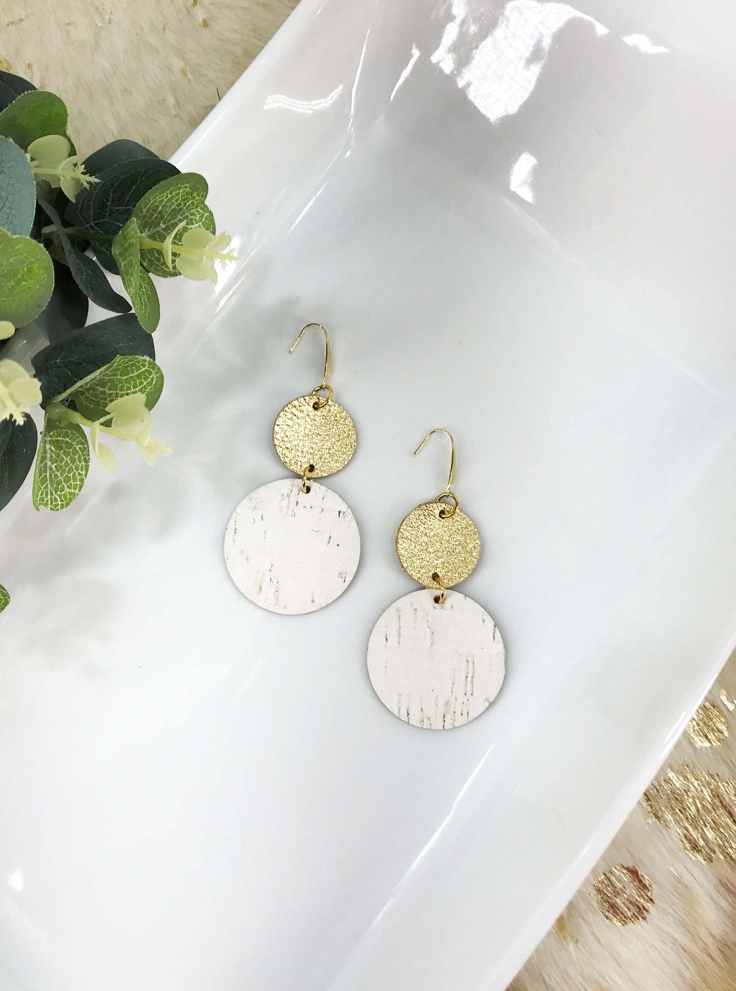 Gold Leather and White Birch Cork Leather Earrings - E19-1827