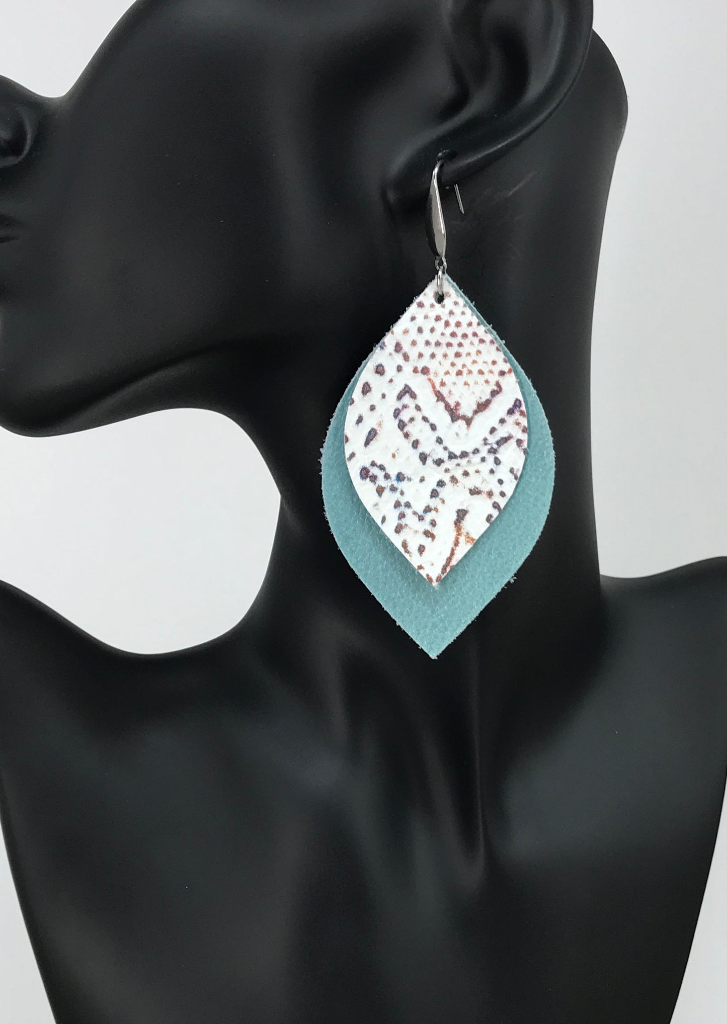 Blue Green Leather and Snake Skin Leather Earrings - E19-1834