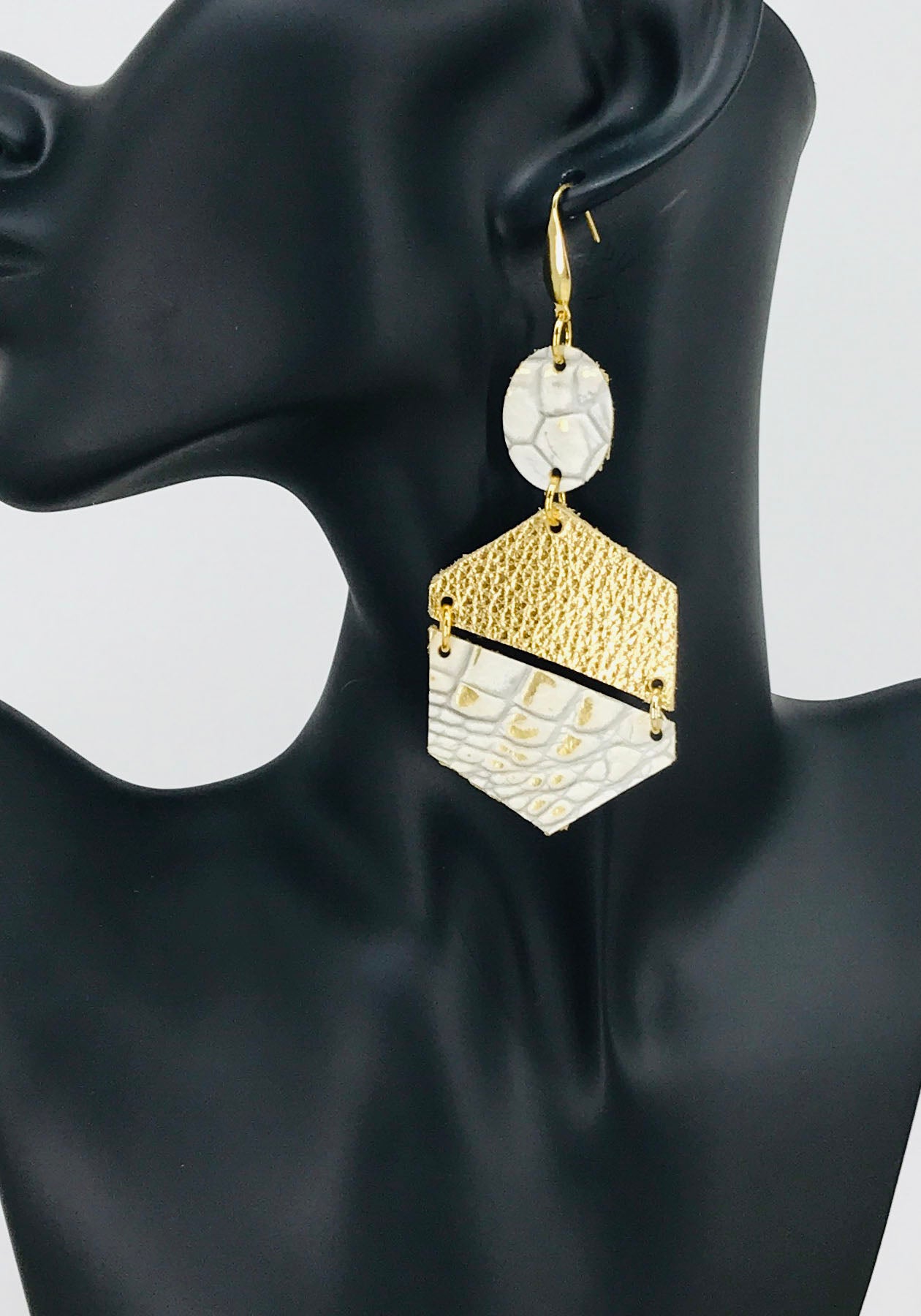 Gold Leather and White Genuine Leather Earrings - E19-1836