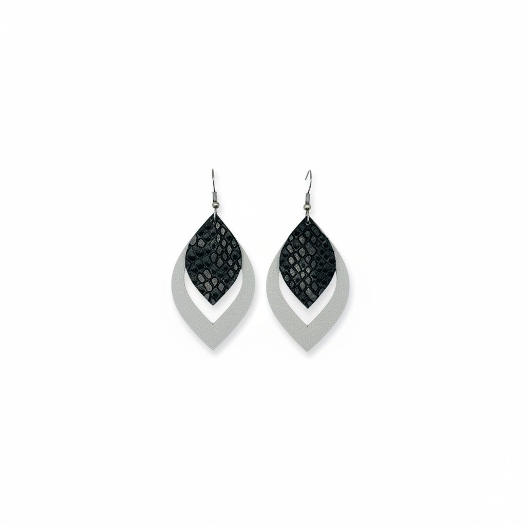 Metallic Silver and Black Snake Layered Leather Earrings