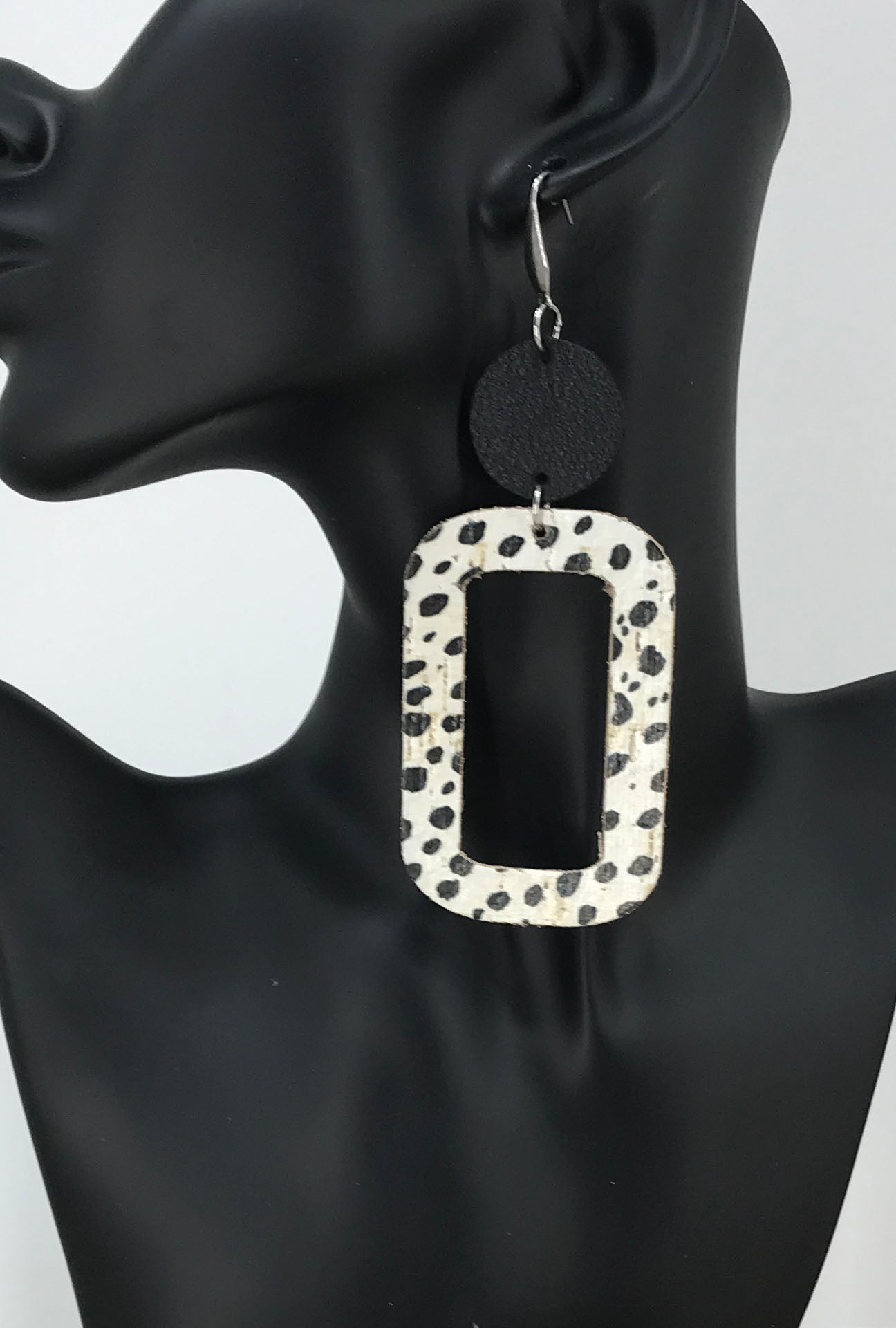 Black & Mini Cheetah Cork Open Rectangle Earrings