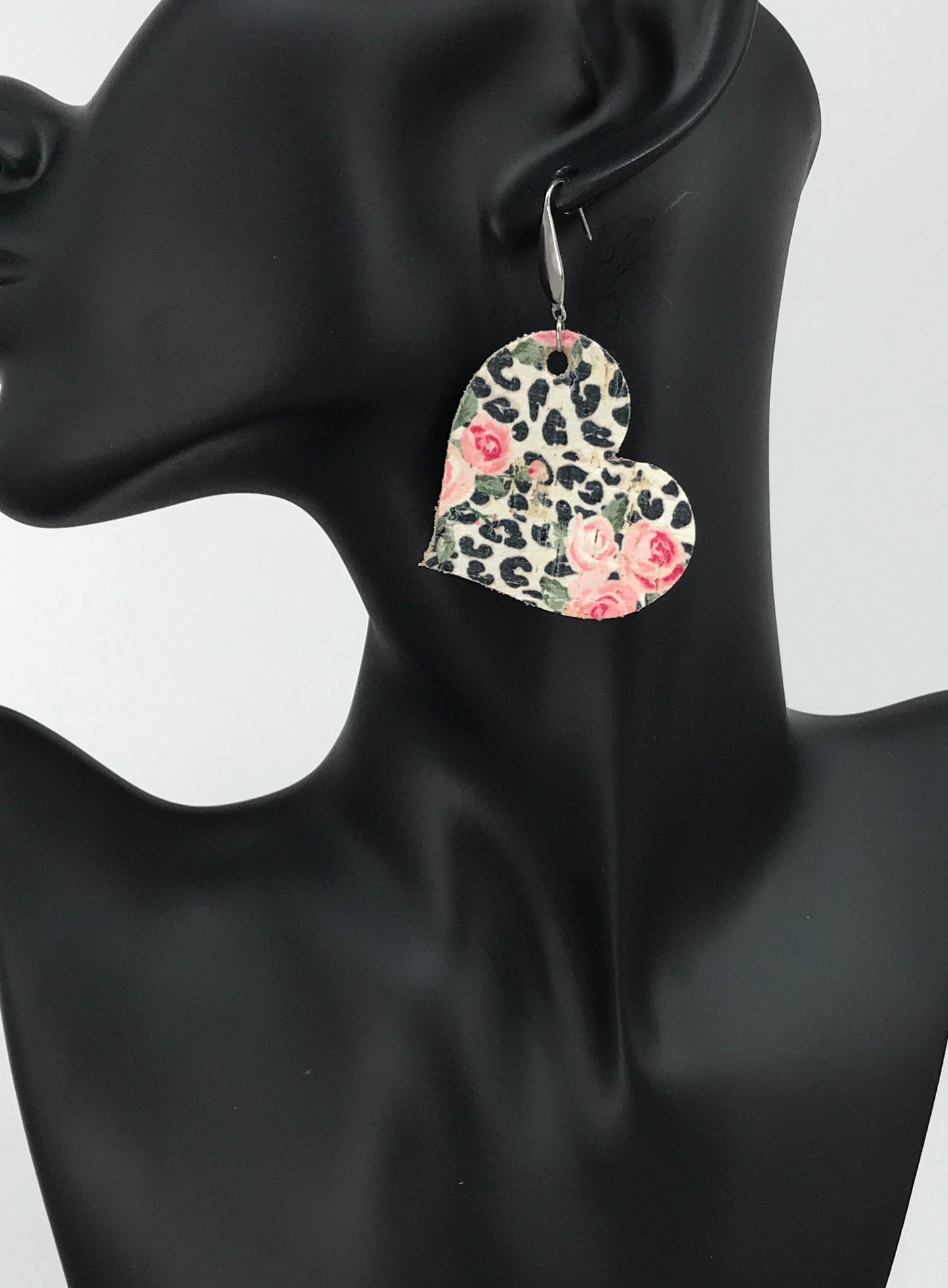 Rose Leopard Cork Heart Earrings