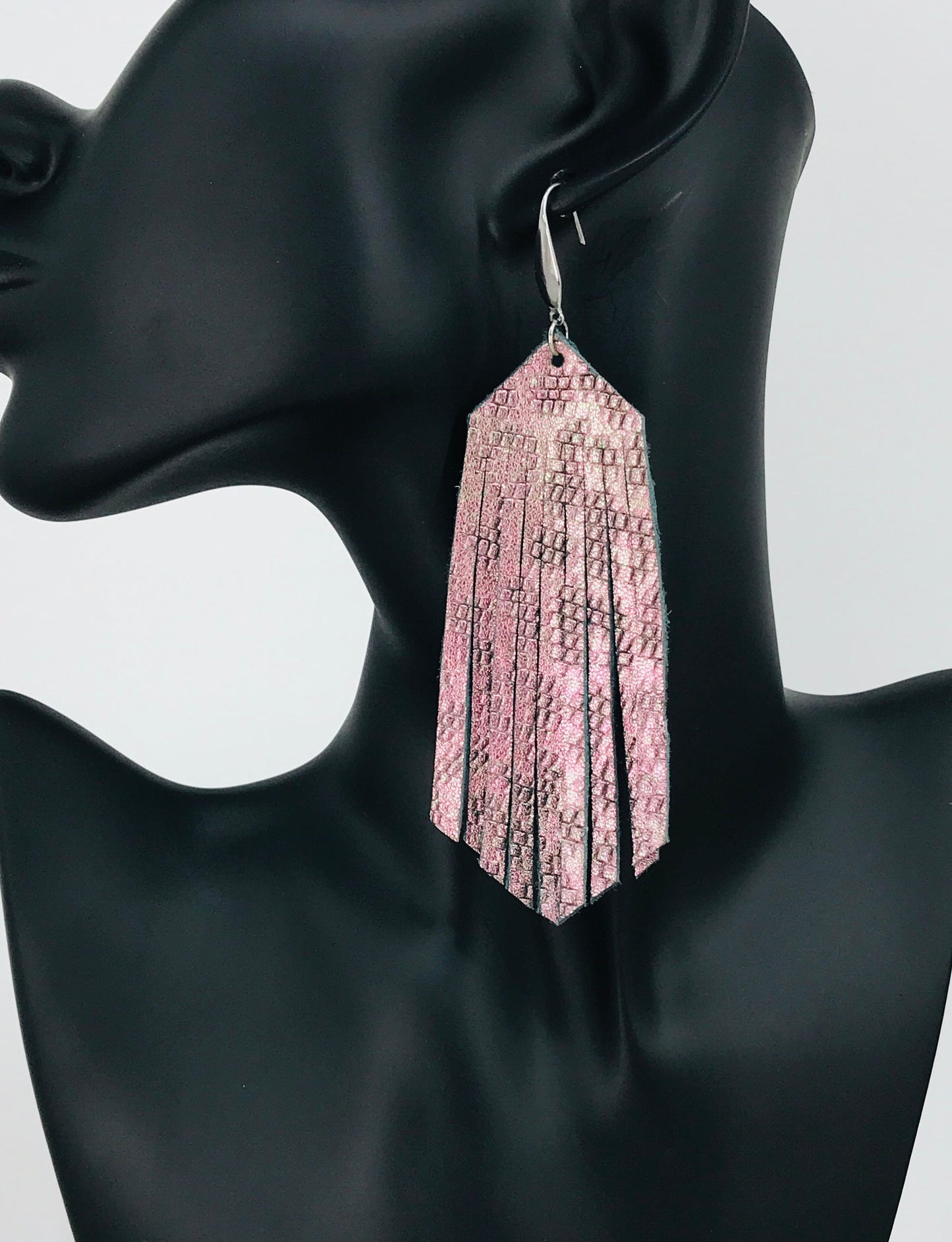 Pink Holographic Leopard Fringe Earrings
