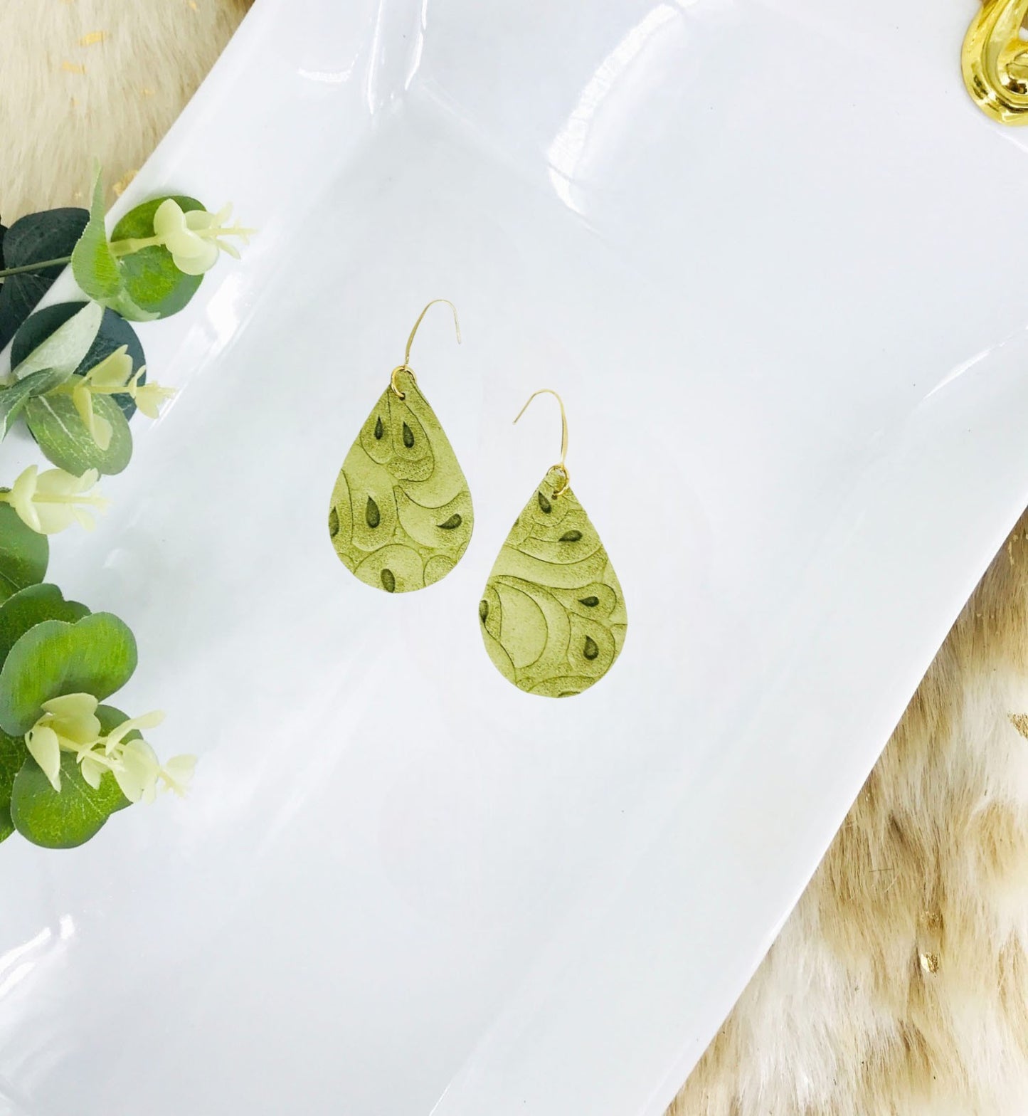 Green Embossed Genuine Leather Earrings - E19-1893