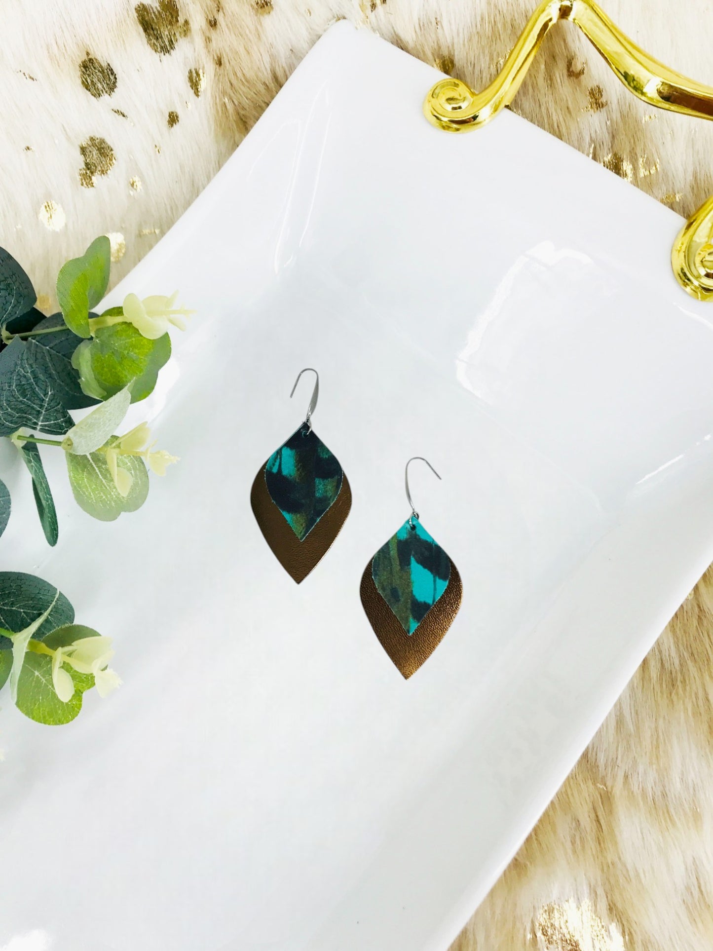Bronze and Pheasant Feather Leather Earrings - E19-1928