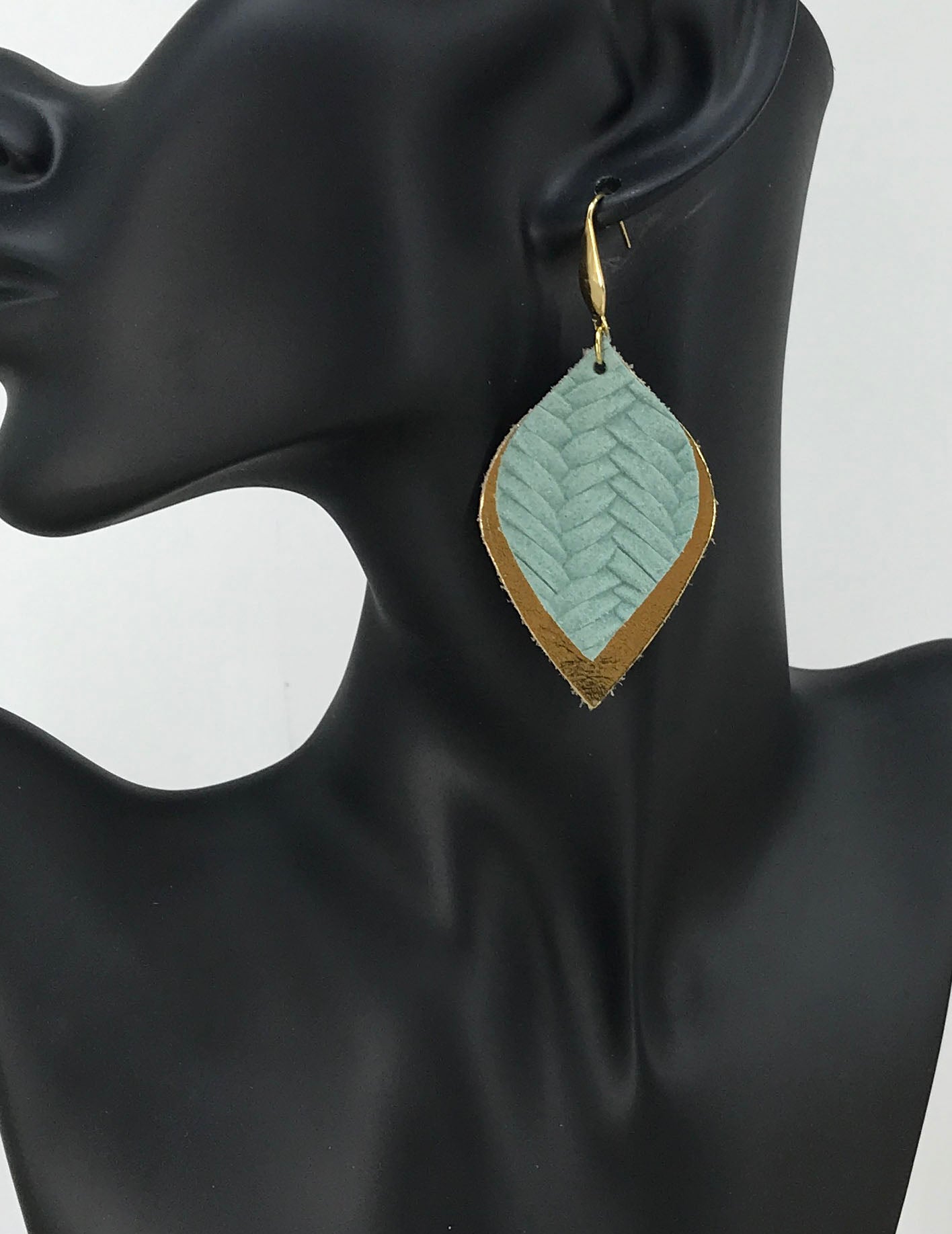 Sea Foam Fishtail & Gold Layered Leather Earrings