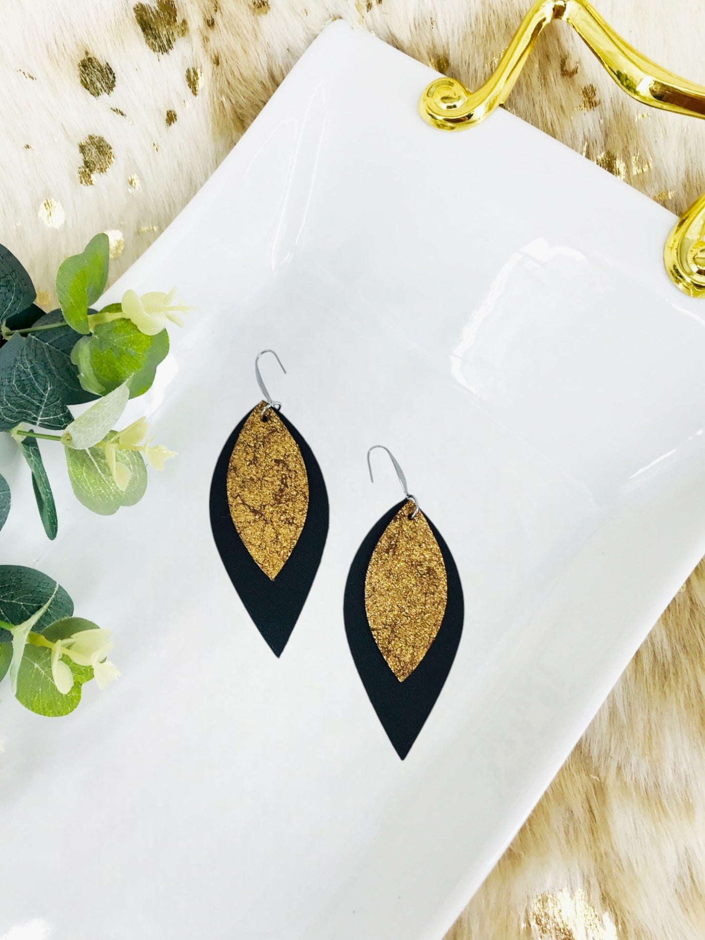Black Leather and Vintage Gold Leather Earrings - E19-1940