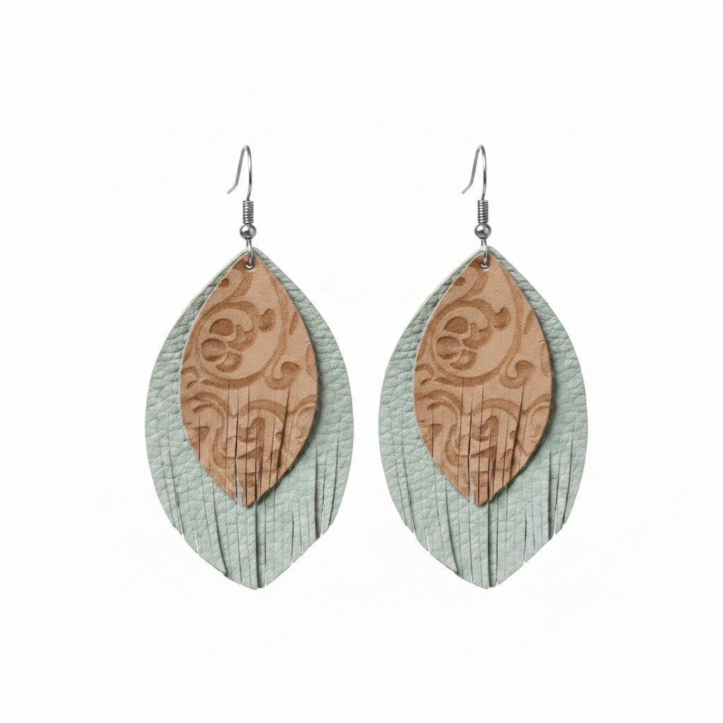 Brown and Blue Genuine Leather Earrings - E19-197