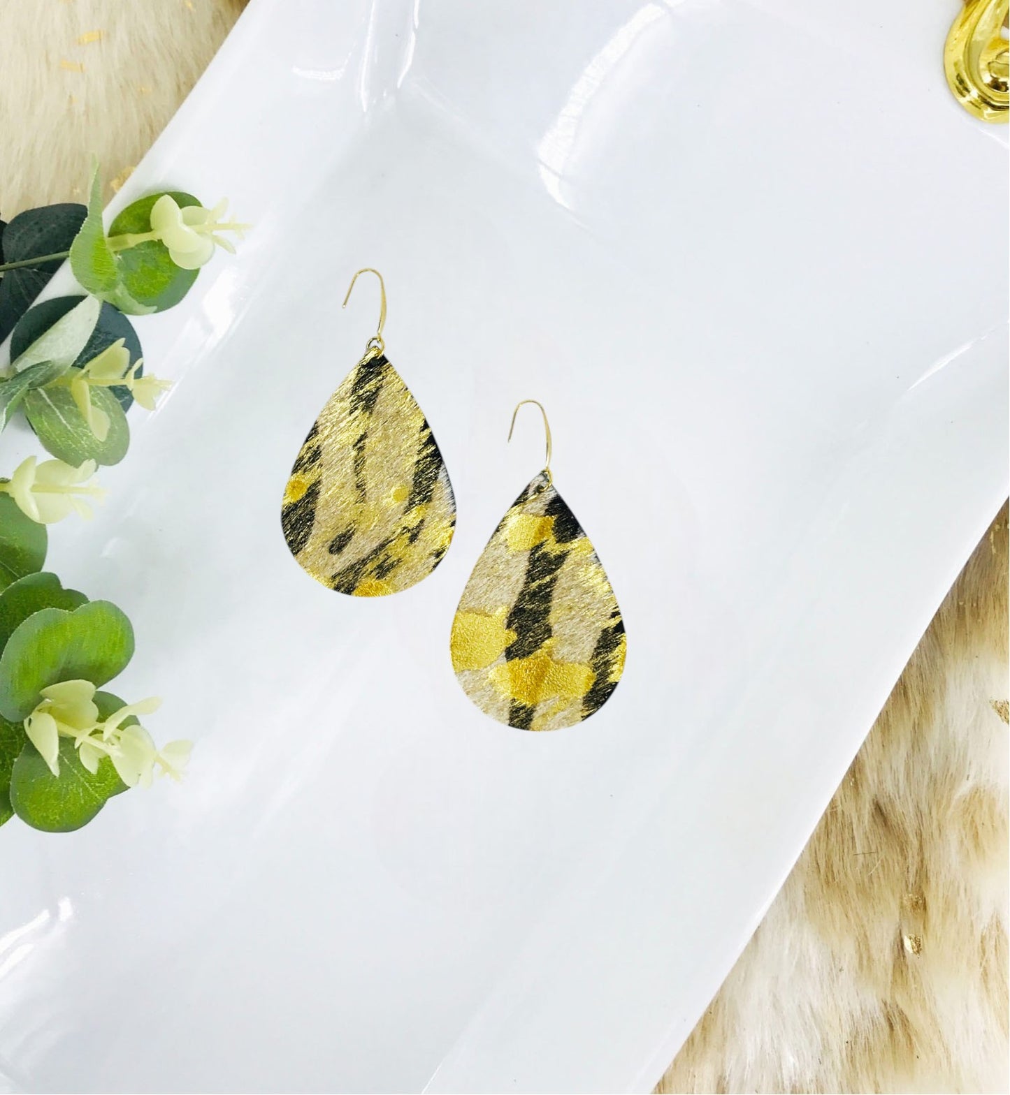 Metallic Gold Hair on Zebra Leather Earrings - E19-2004