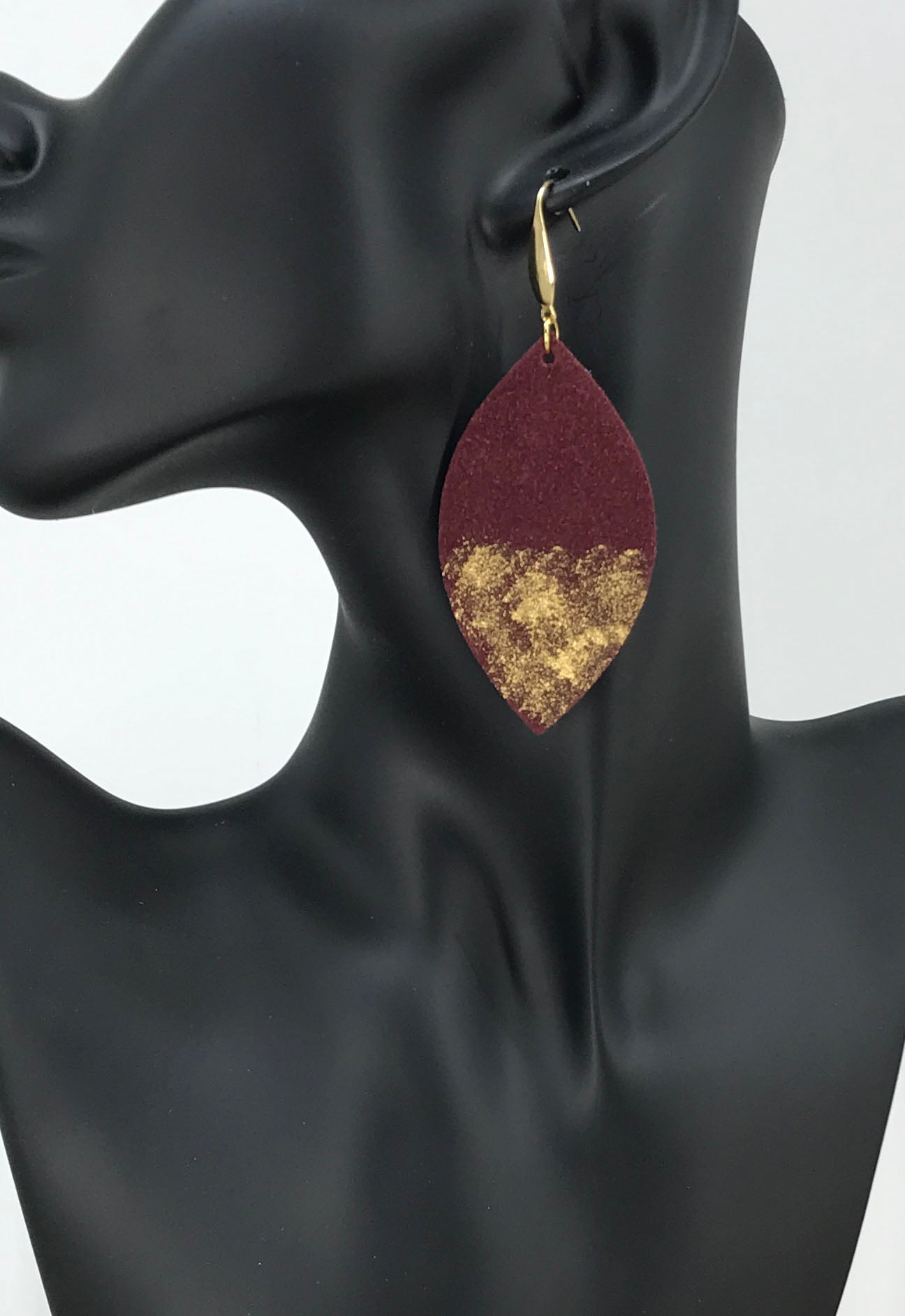 Hand Painted Burgundy Suede Leather Earrings - E19-2035