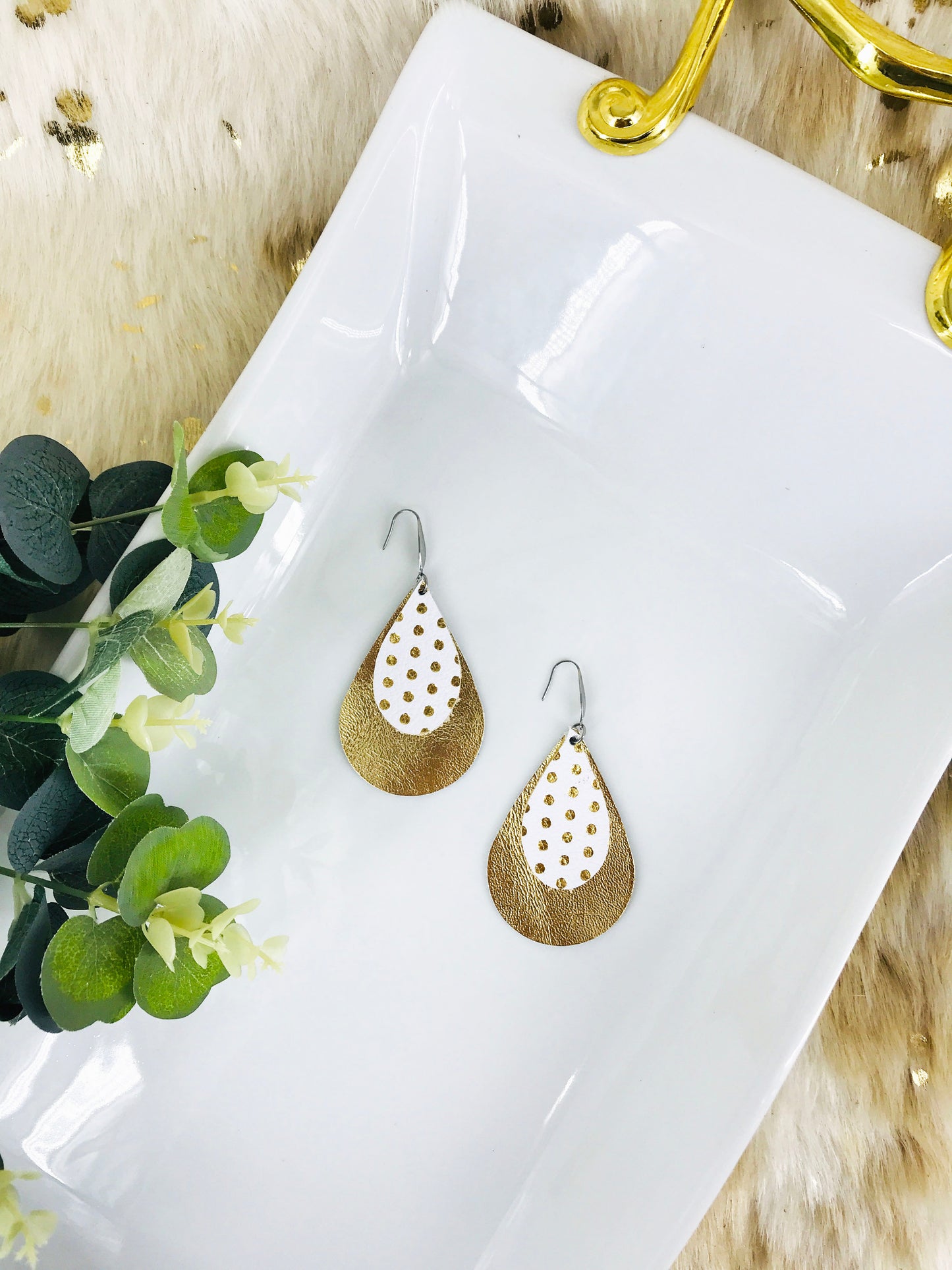 Metallic Gold and Polka Dot Leather Earrings - E19-203