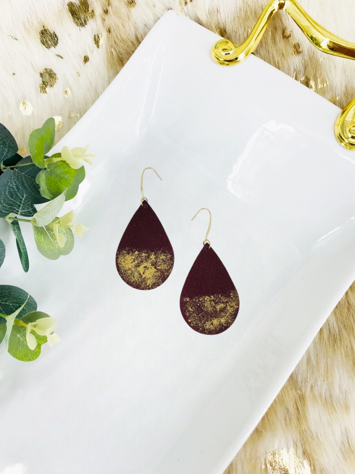 Hand Painted Burgundy Suede Leather Earrings - E19-2040