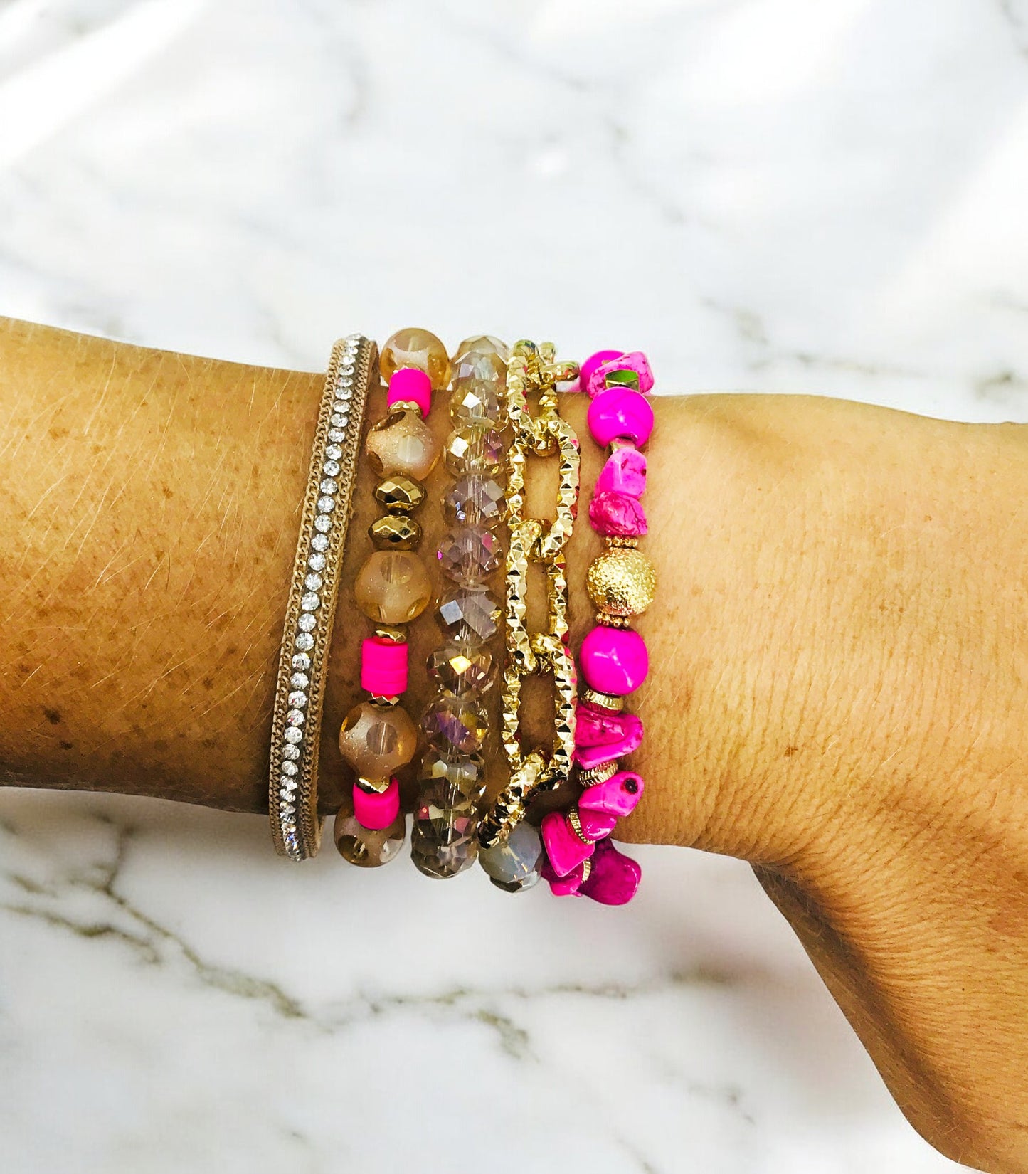 Fuchsia Glam Chain Stack Bracelet Set