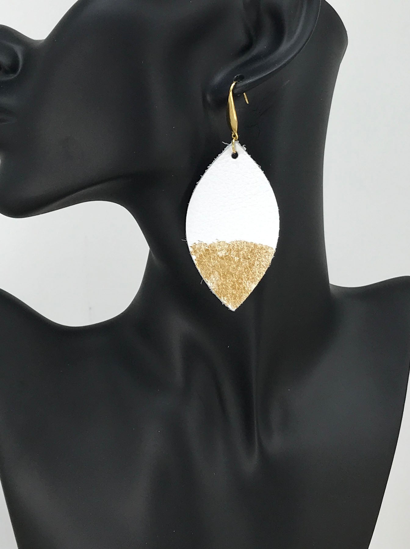 White Leather and Gold Painted Accent Leather Earrings - E19-2058