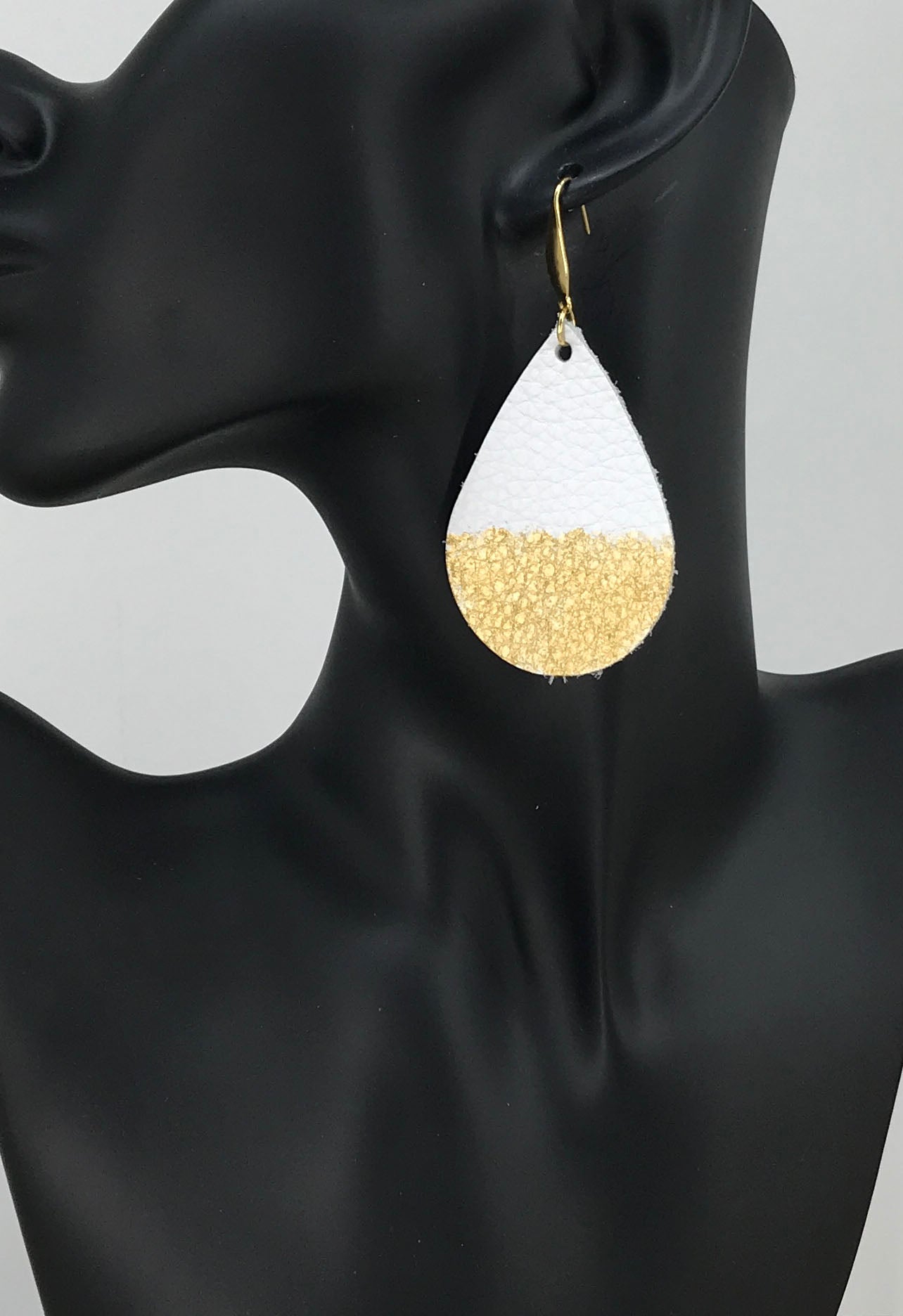 White Leather Earring and Gold Paint Accent Leather Earrings - E19-2059