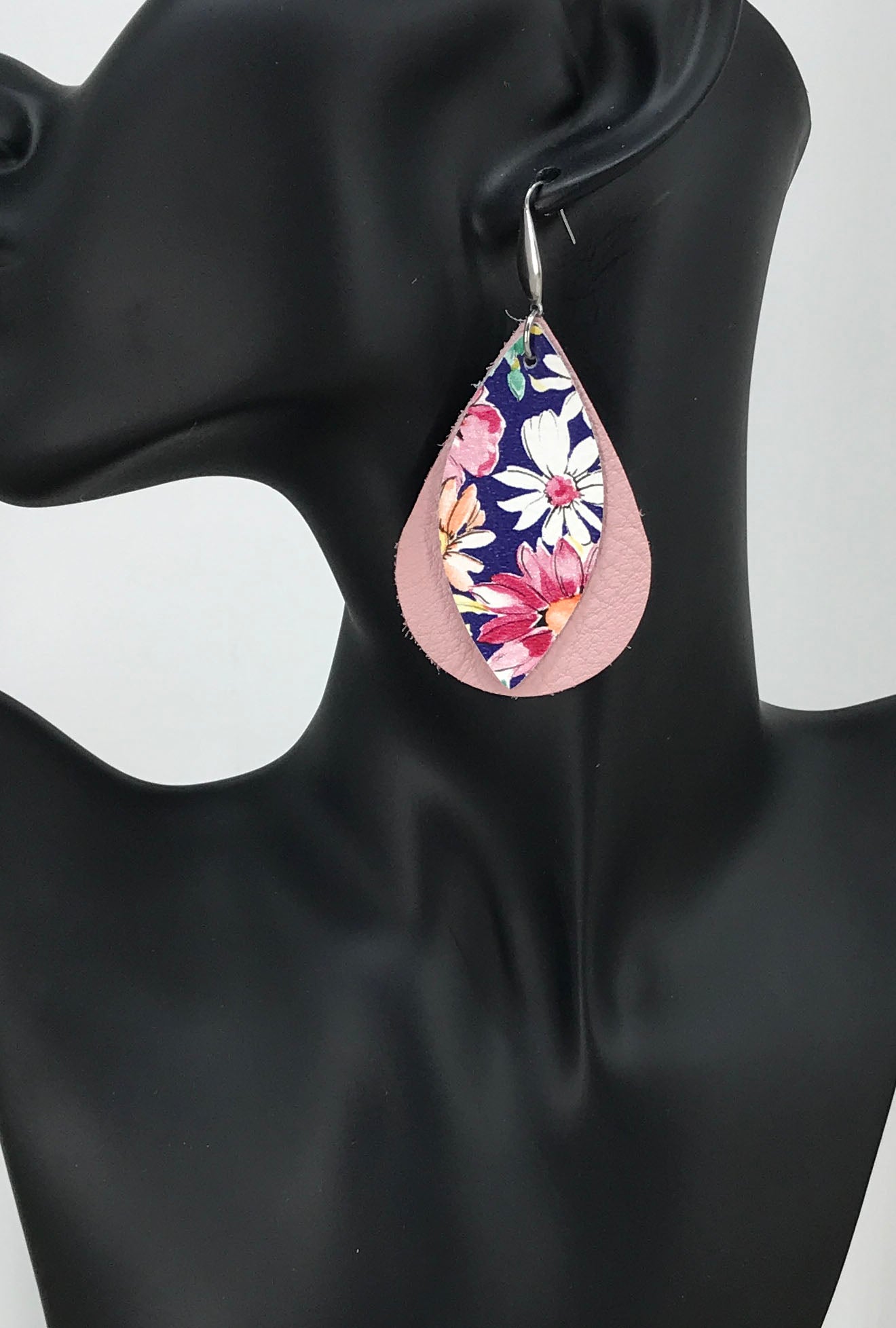 Pink and Floral Layered Leather Earrings - E19-209