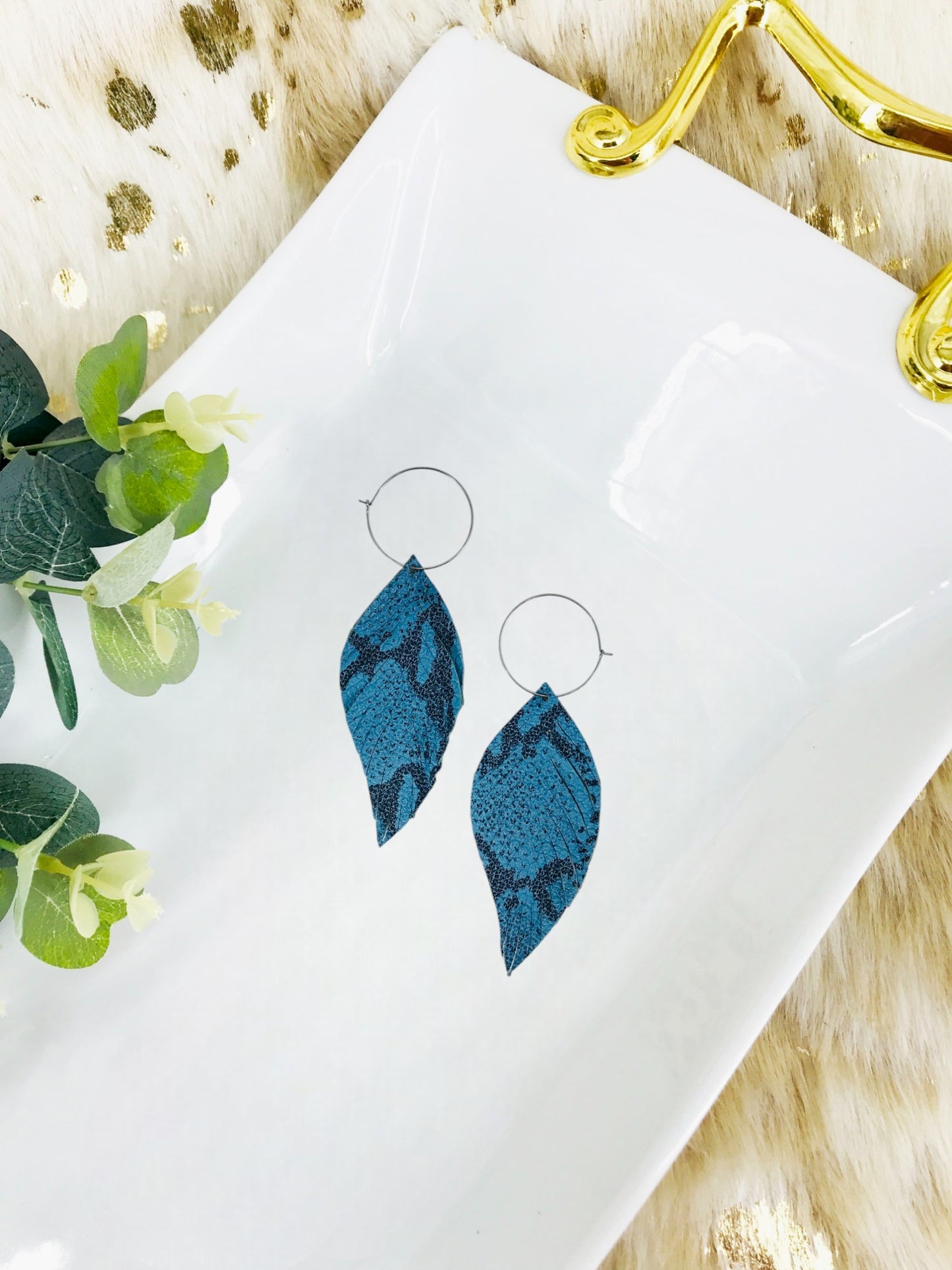 Blue Snakeskin Fringe Leather Hoop Earrings - E19-2118