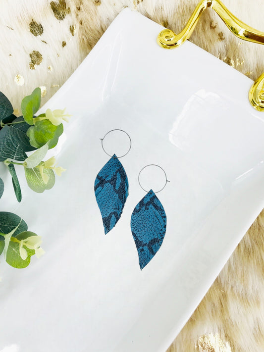 Blue Snakeskin Fringe Leather Hoop Earrings - E19-2118