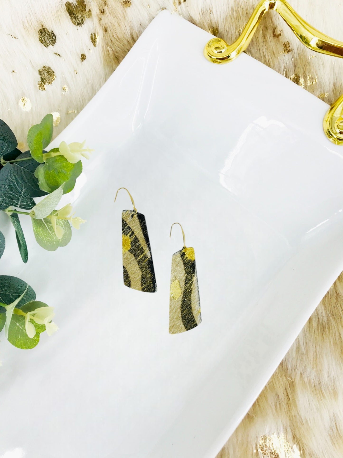 Metallic Gold Hair on Zebra Leather Earrings - E19-2121