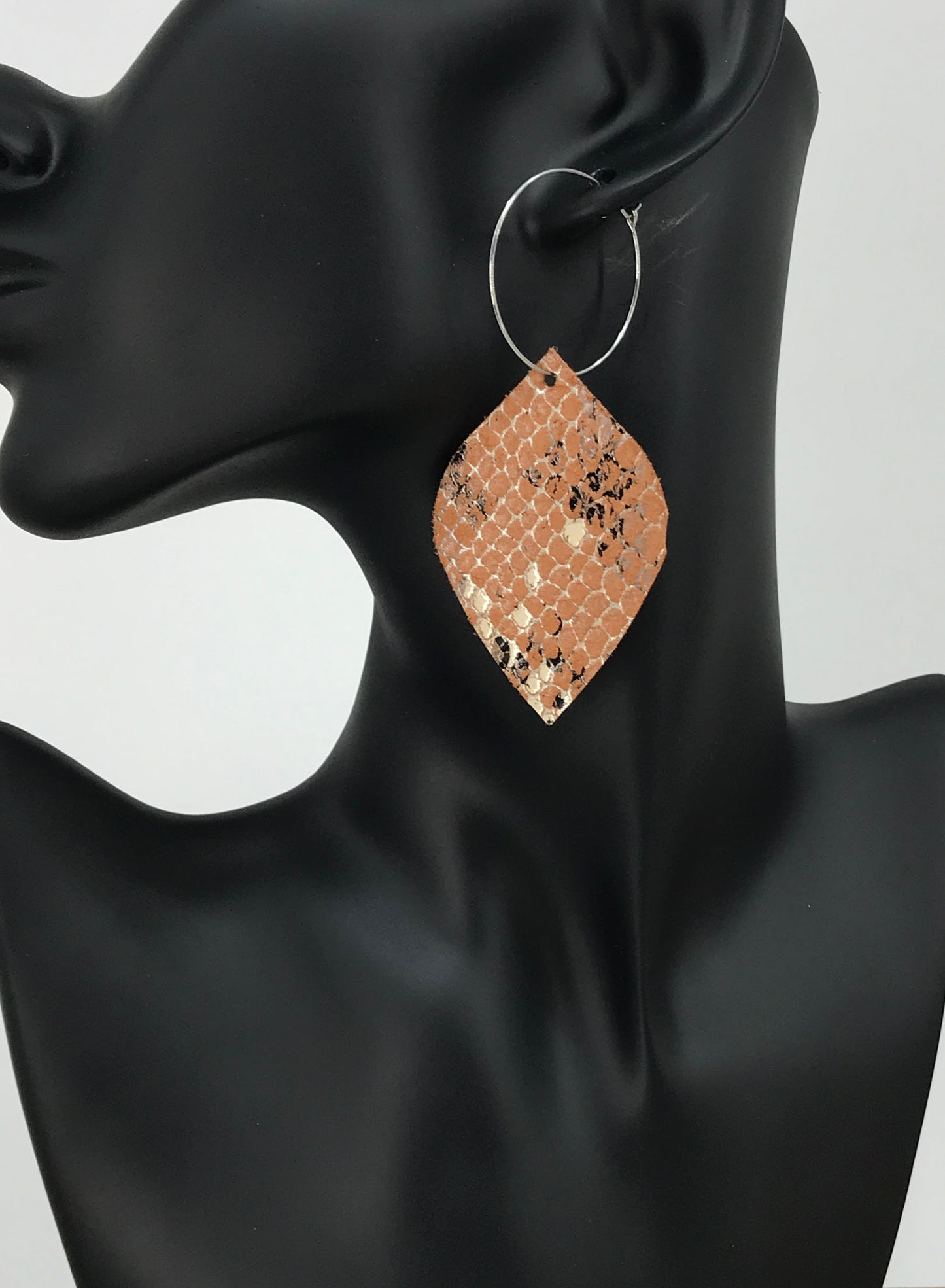 Burnt Orange Snake Skin Leather Hoop Earrings - E19-2124