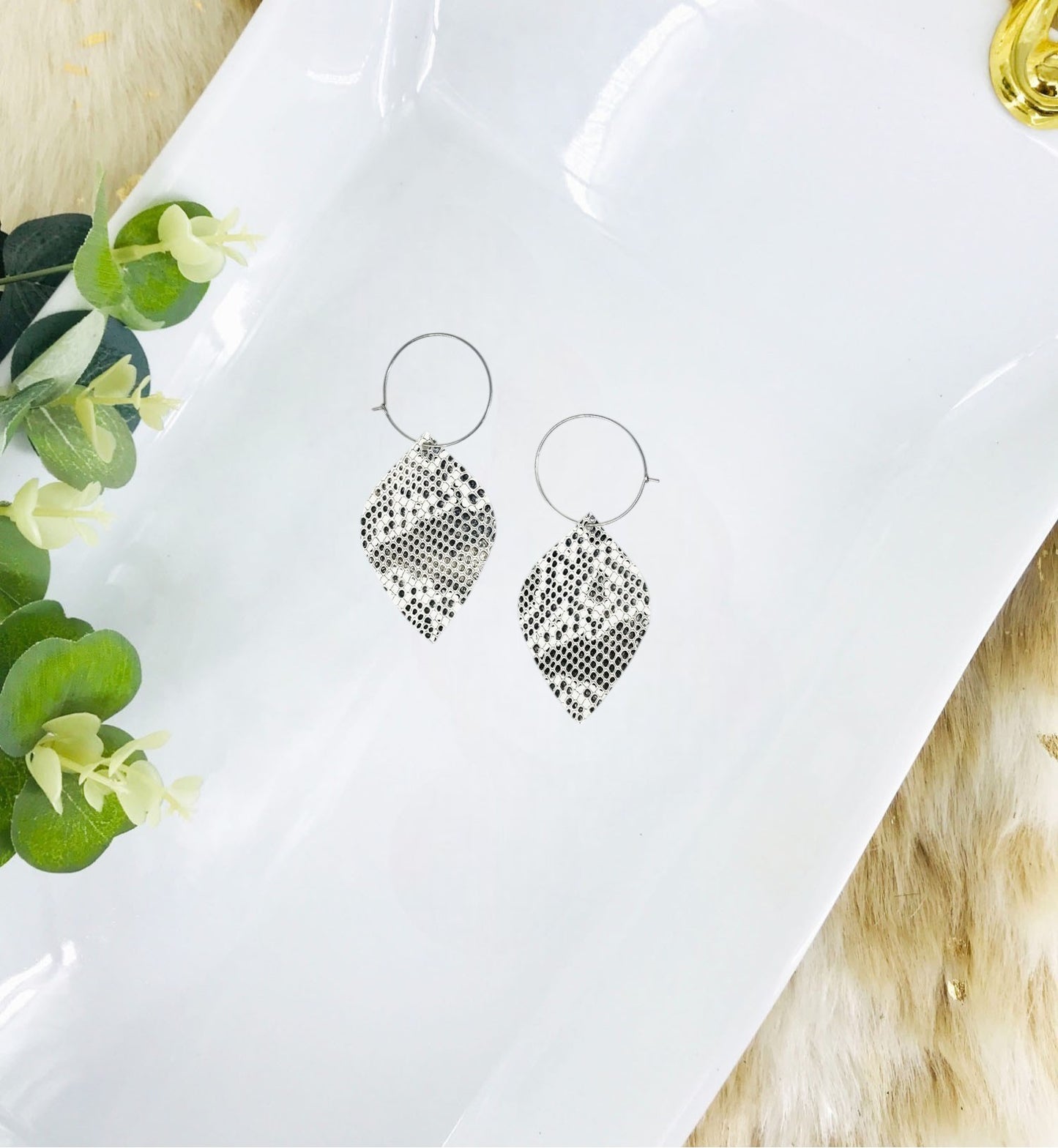 Beige and Gray Snake Skin Leather Hoop Earrings - E19-2134