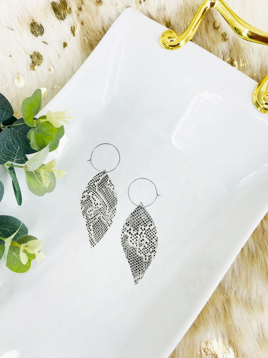 Beige and Gray Snake Skin Fringe Leather Hoop Earrings - E19-2137