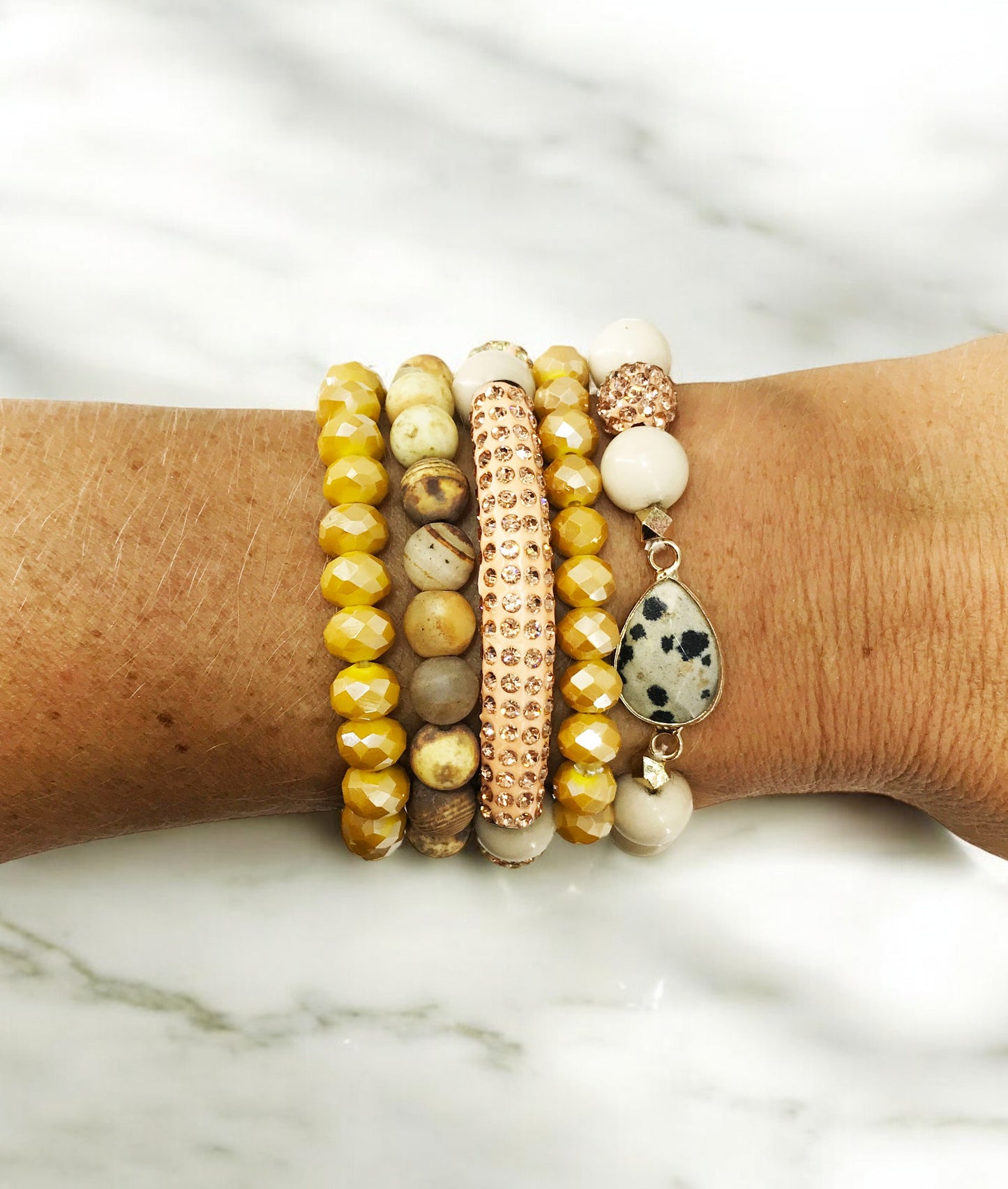 Golden Dalmatian Glass Bead Stack Bracelet Set