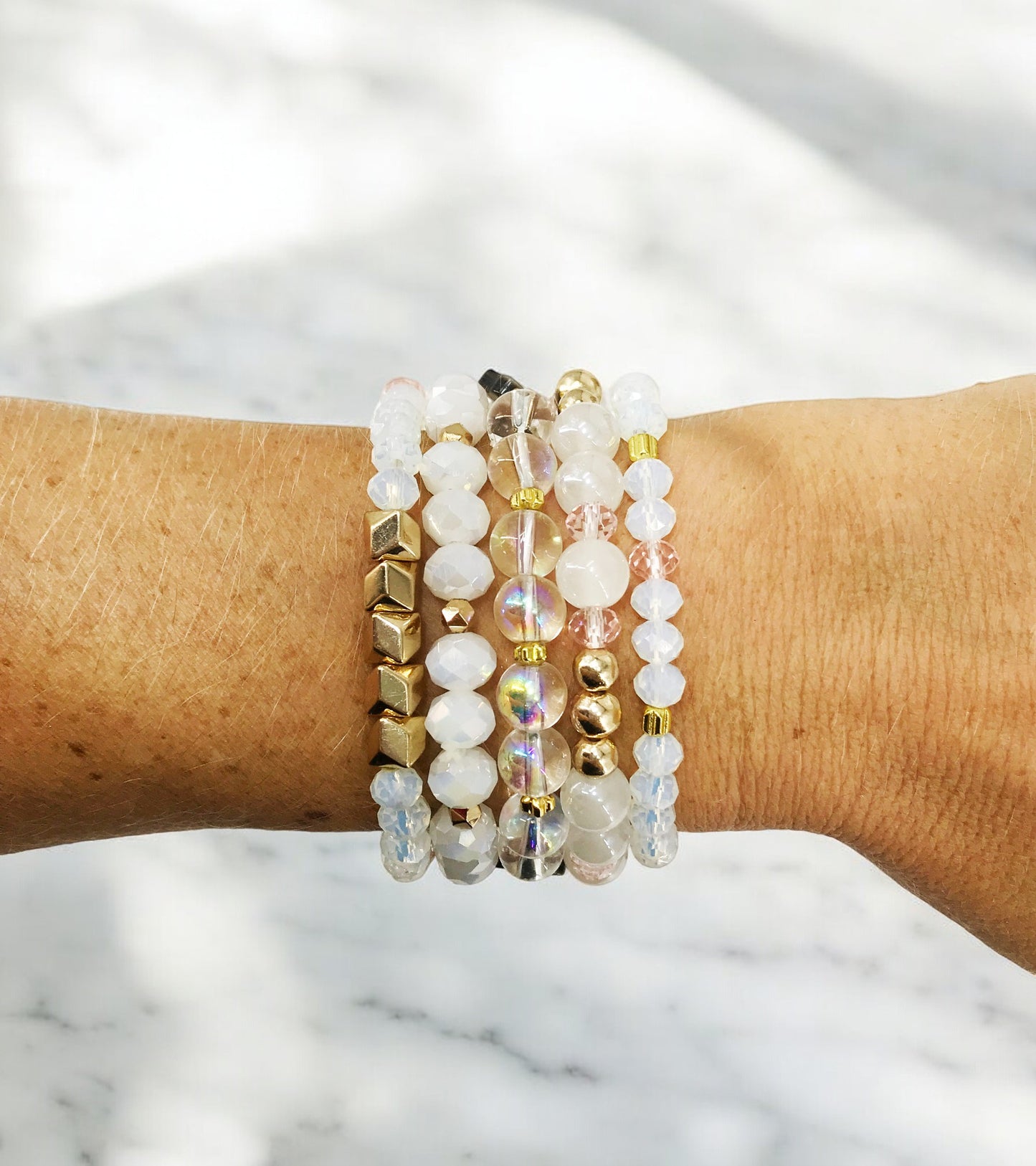 Ivory Glow Glass Bead Stack Bracelet Set