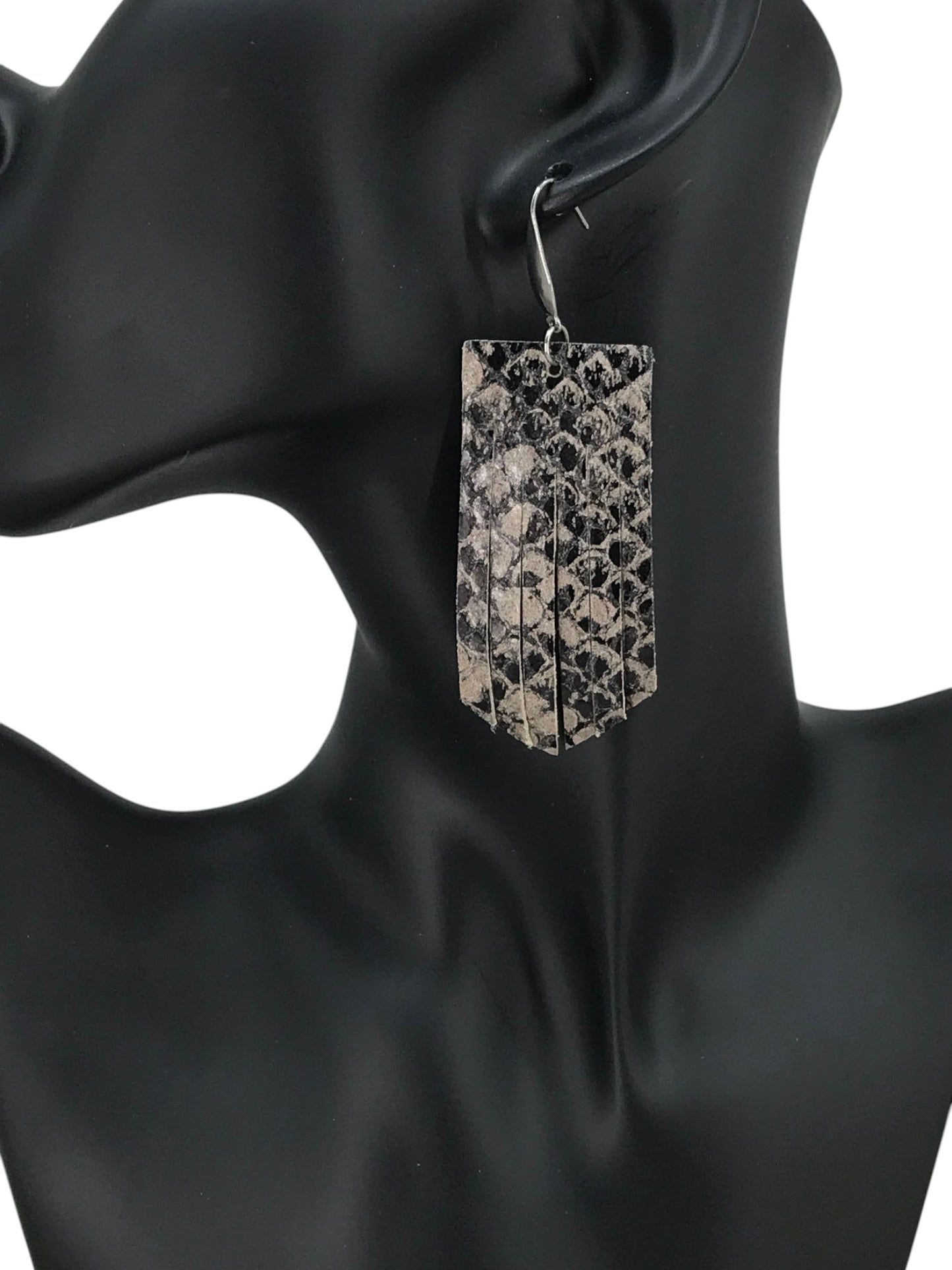 Black and Beige Snake Leather Fringe Earrings
