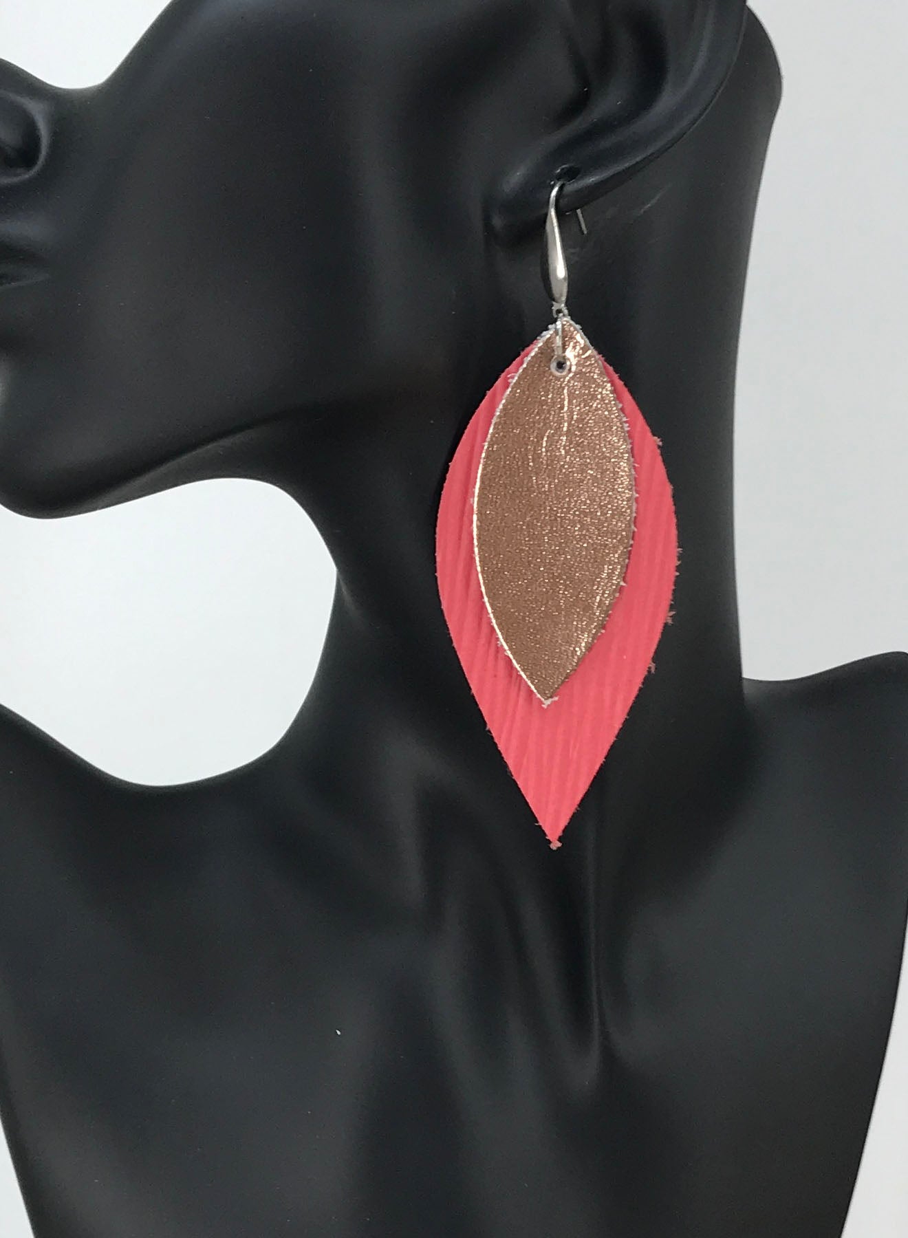 Coral and Rose Gold Leather Earrings - E19-2157