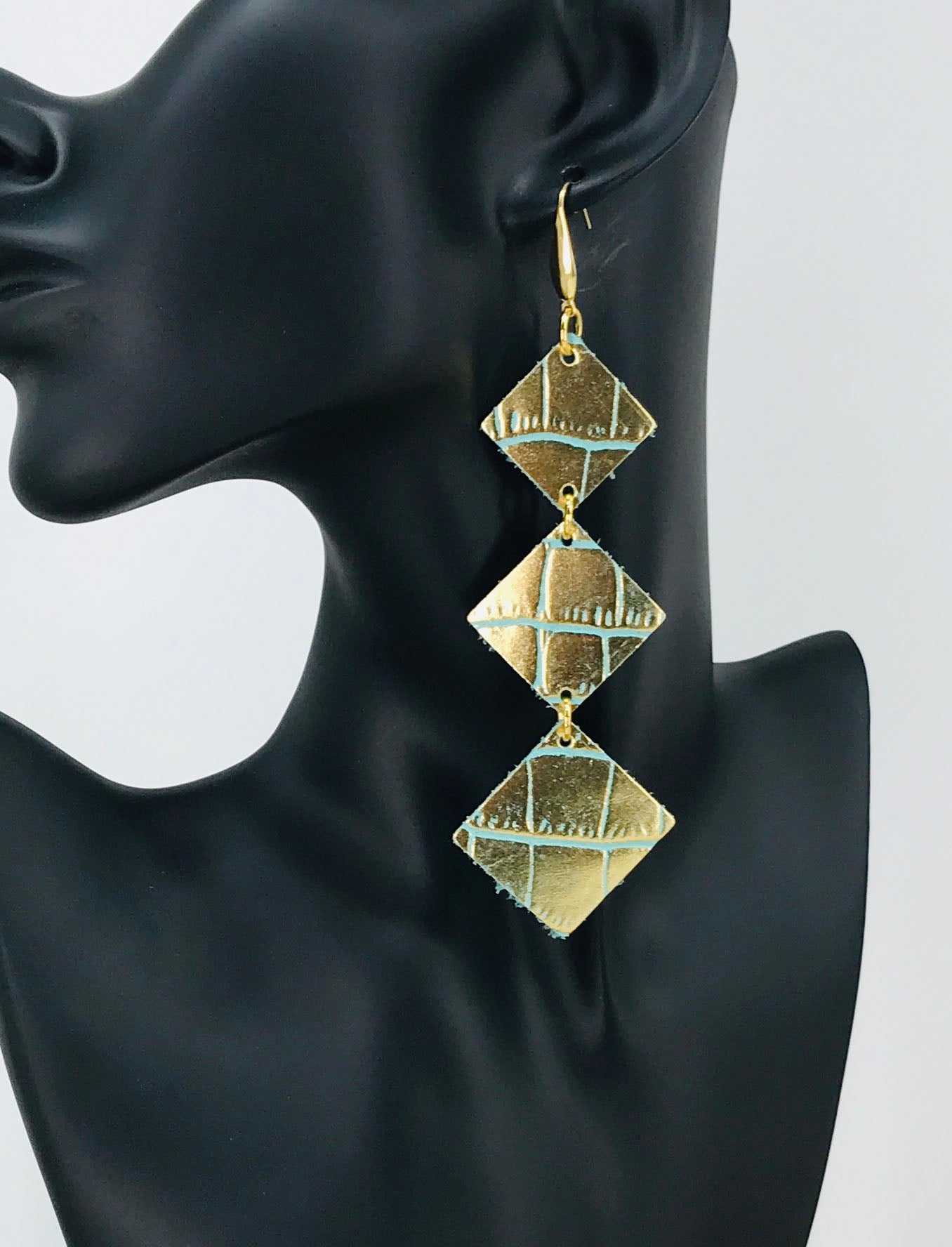 Gold Metallic Teal Crocodile Leather Hoop Earrings - E19-2161