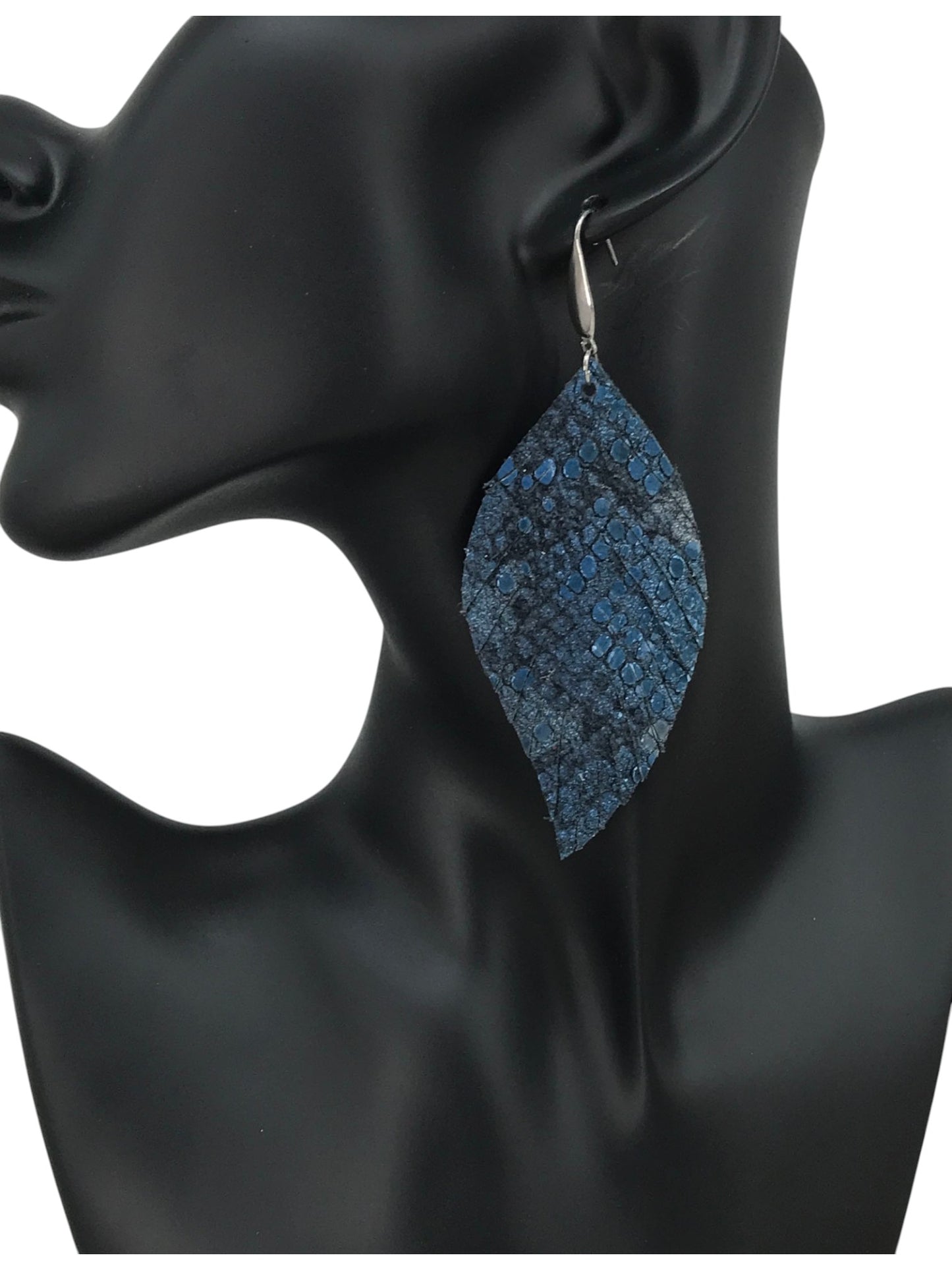 Metallic Blue Snake Leather Fringe Earrings