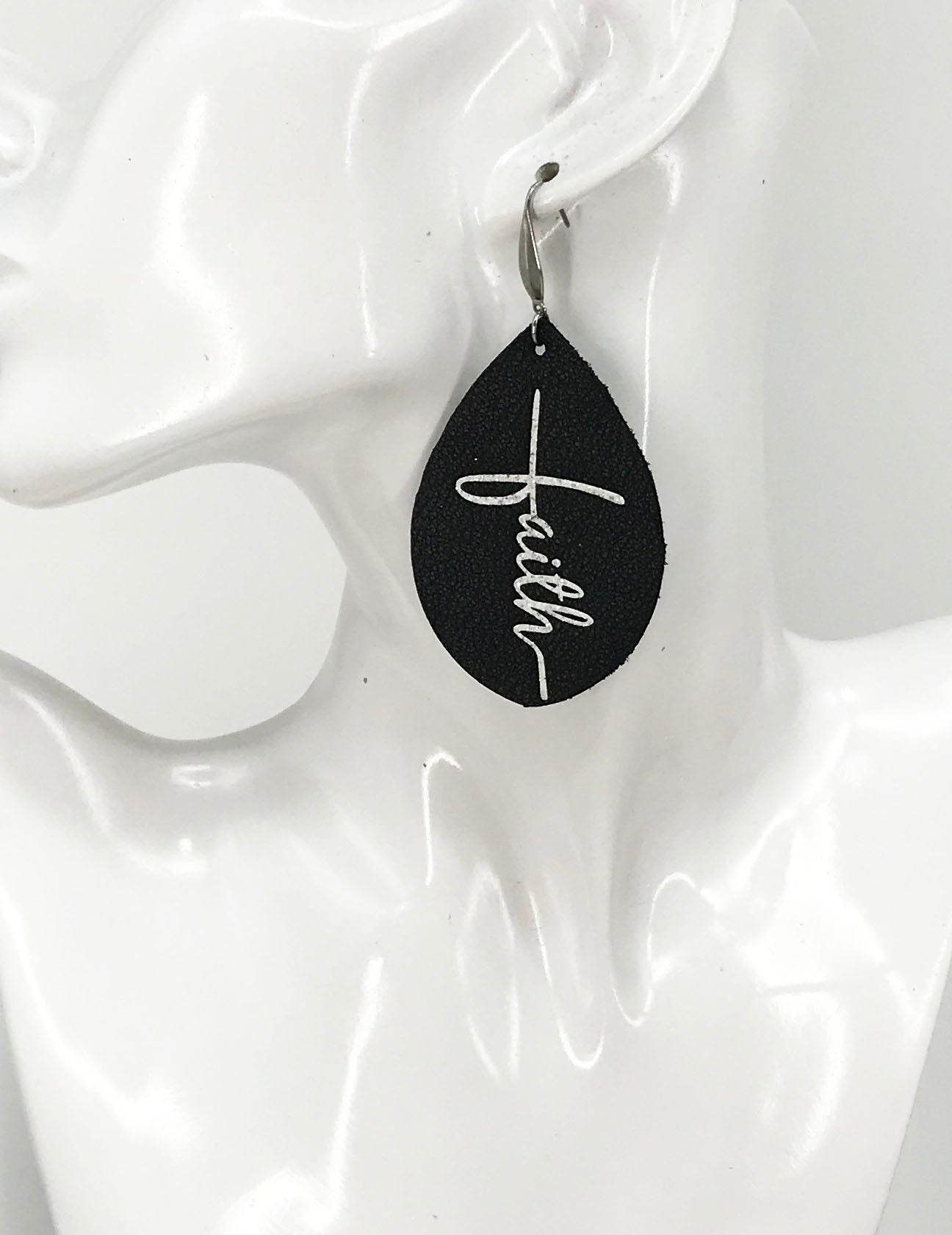 Black Leather and Glitter "Faith" Leather Earrings - E19-2172