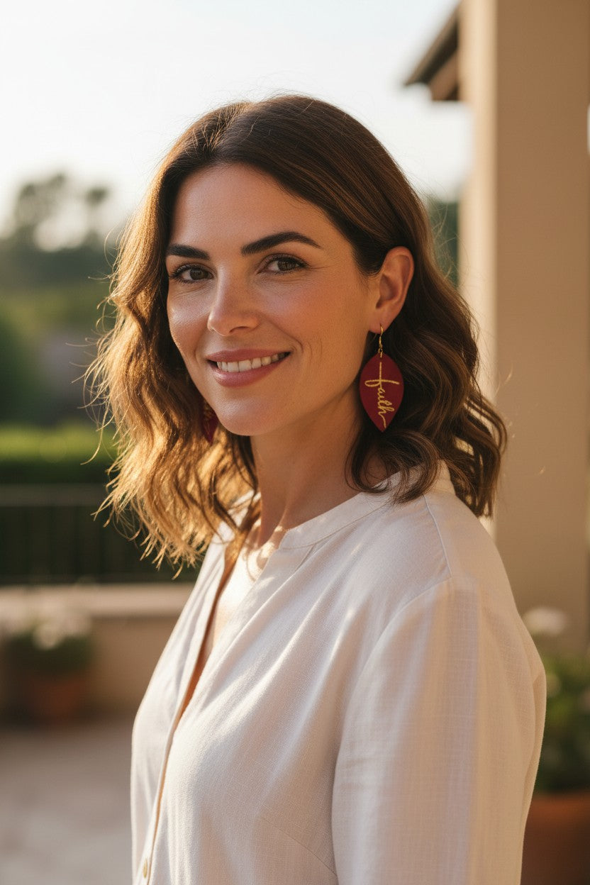 Cranberry Gold Faith Marquis Leather Earrings
