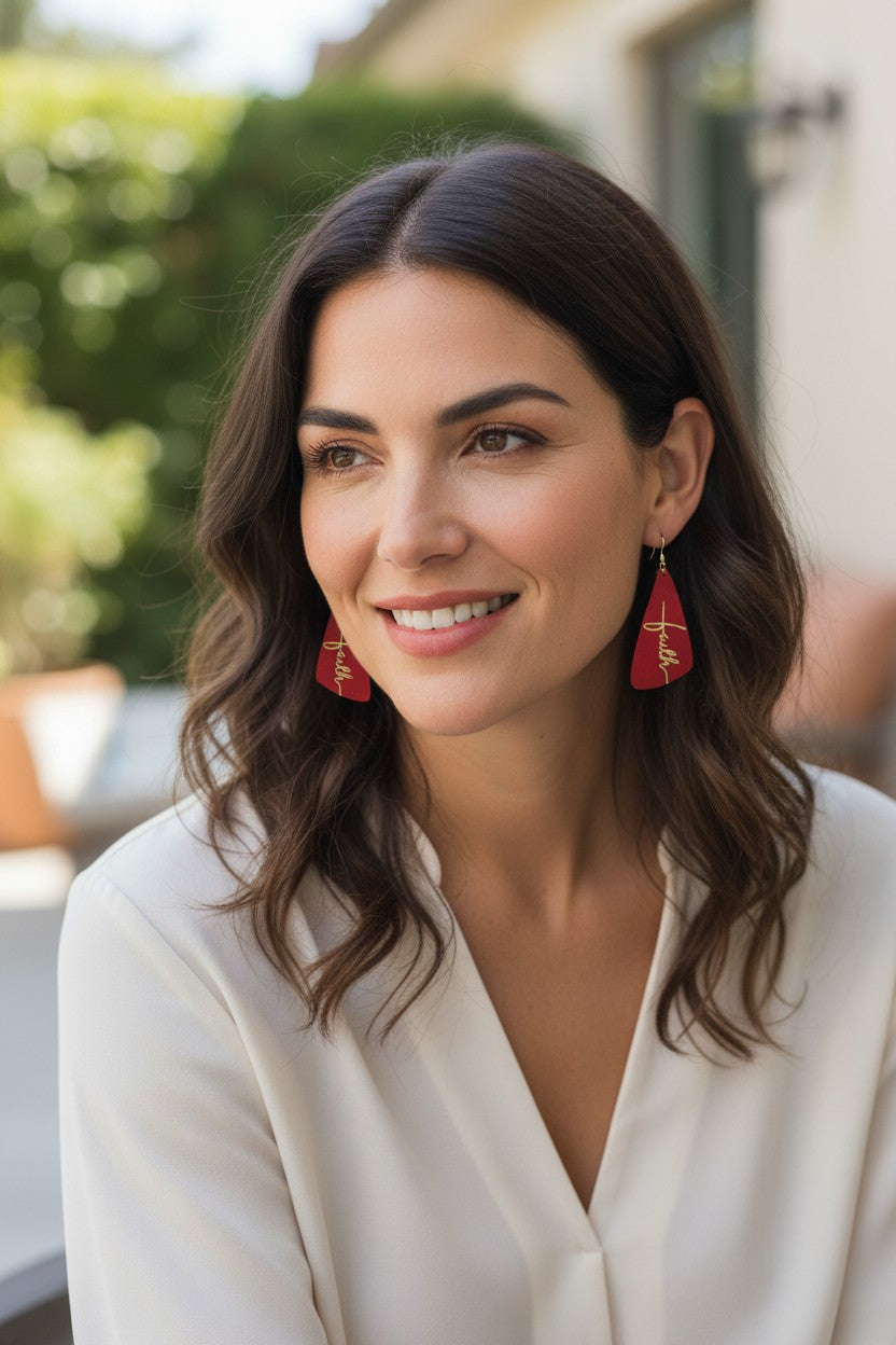 Cranberry Gold Faith Teardrop Leather Earrings