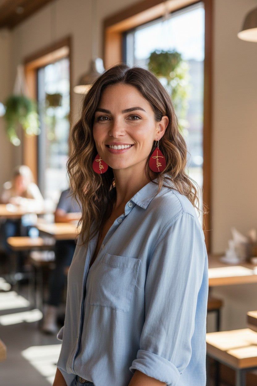 Cranberry Faith Teardrop Leather Earrings