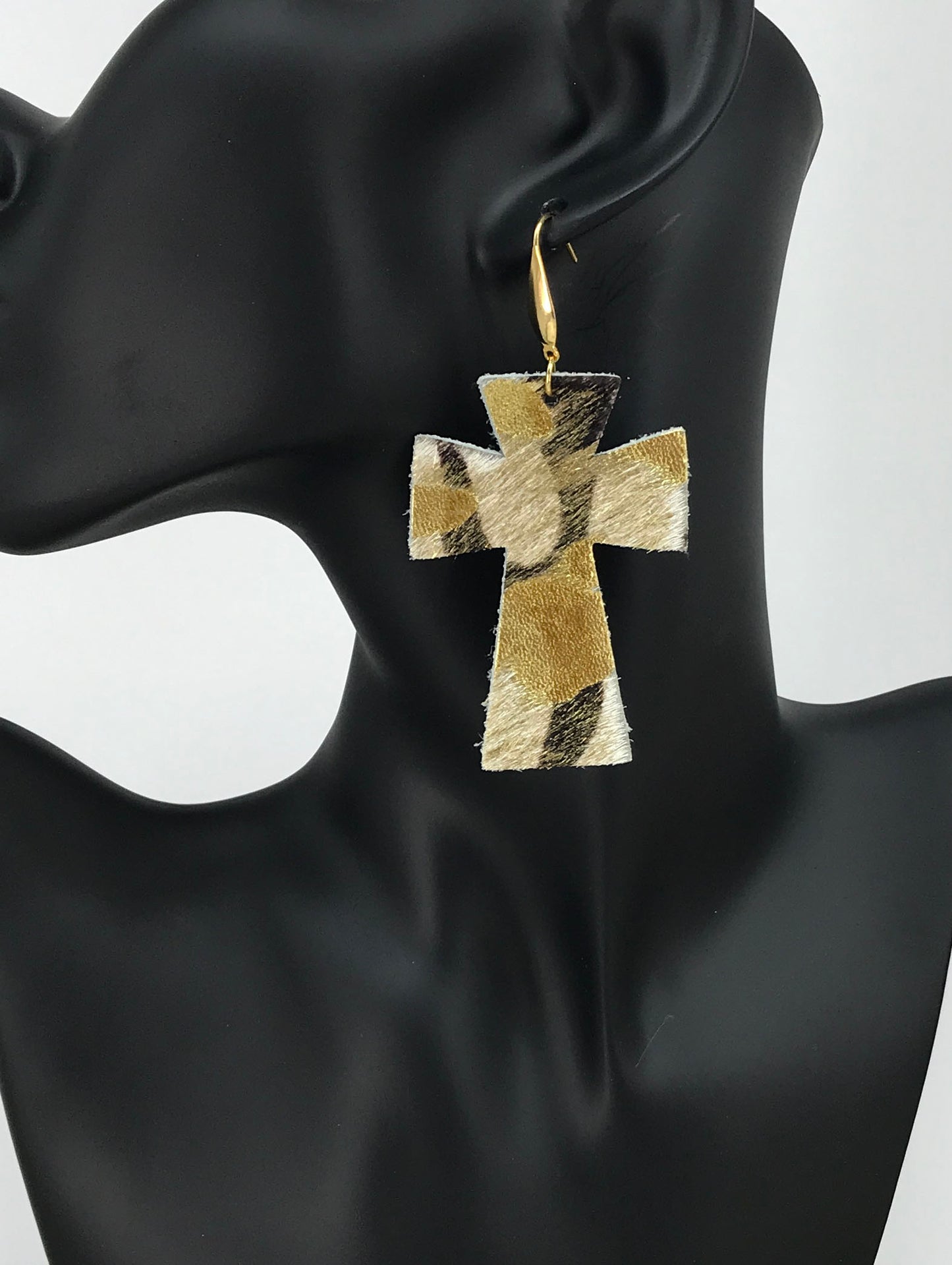 Metallic Gold Hair on Zebra Leather Cross Earrings - E19-2212