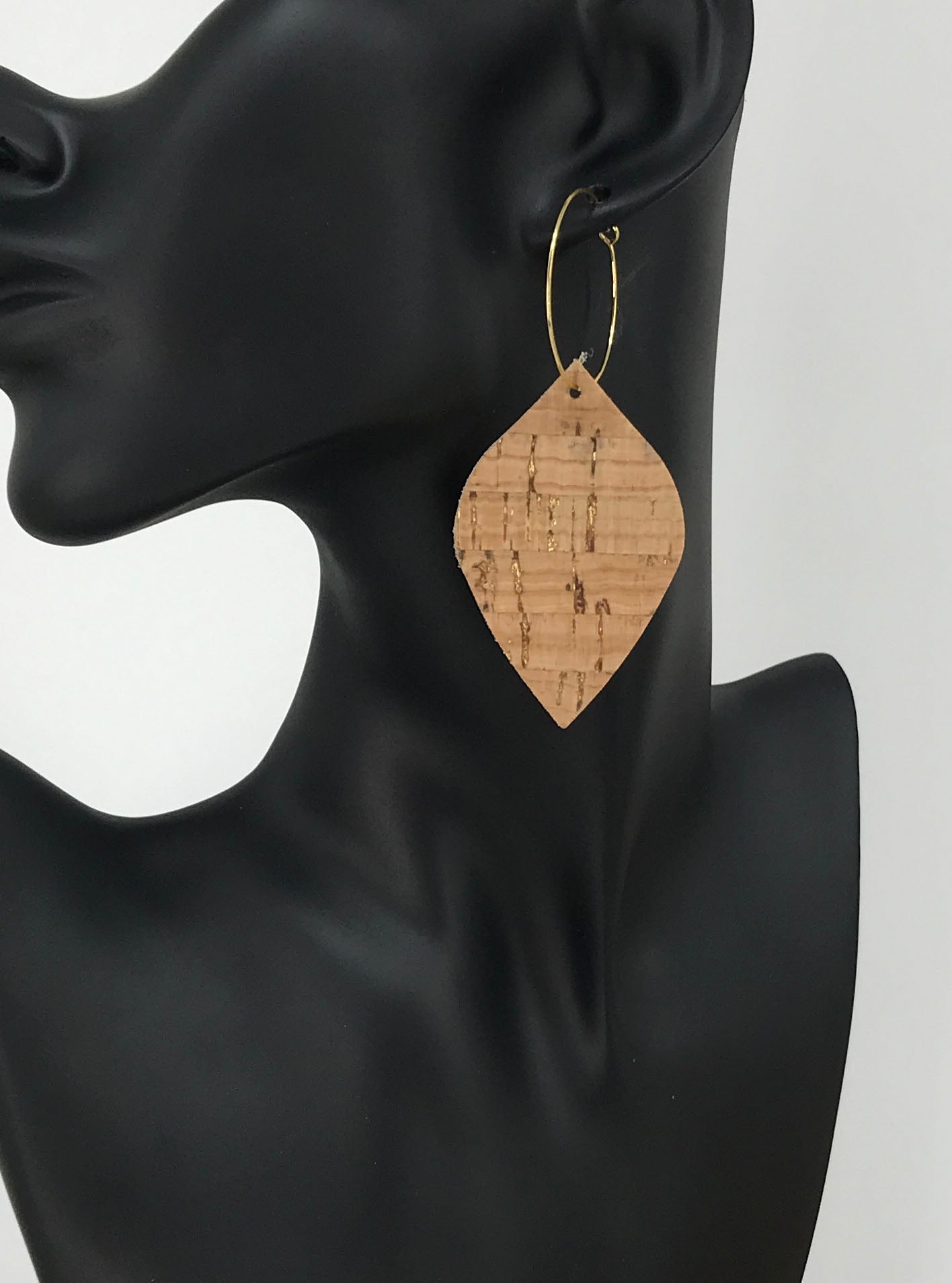 Gold Metallic Accent Cork on Leather Hoop Earrings - E19-2229
